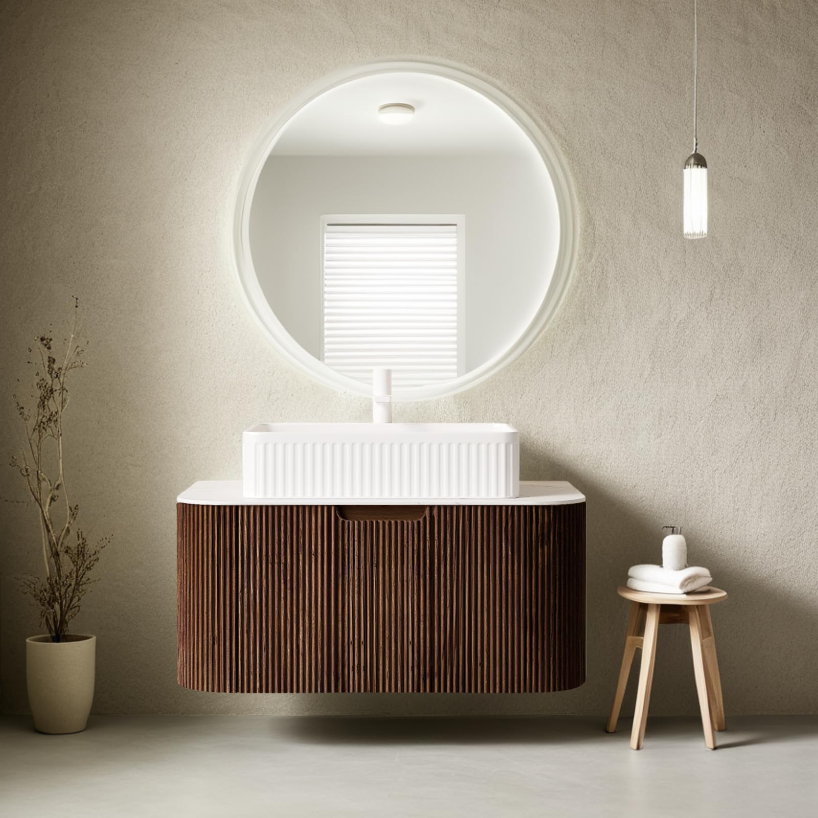 24-Inch Modern Bathroom Vanity with Sink, Floating Cabinet with Ultra-Thin Ceramic Basin and Marble Top, Extra Large Storage Drawer, Soft-Close Design, Nature Wood