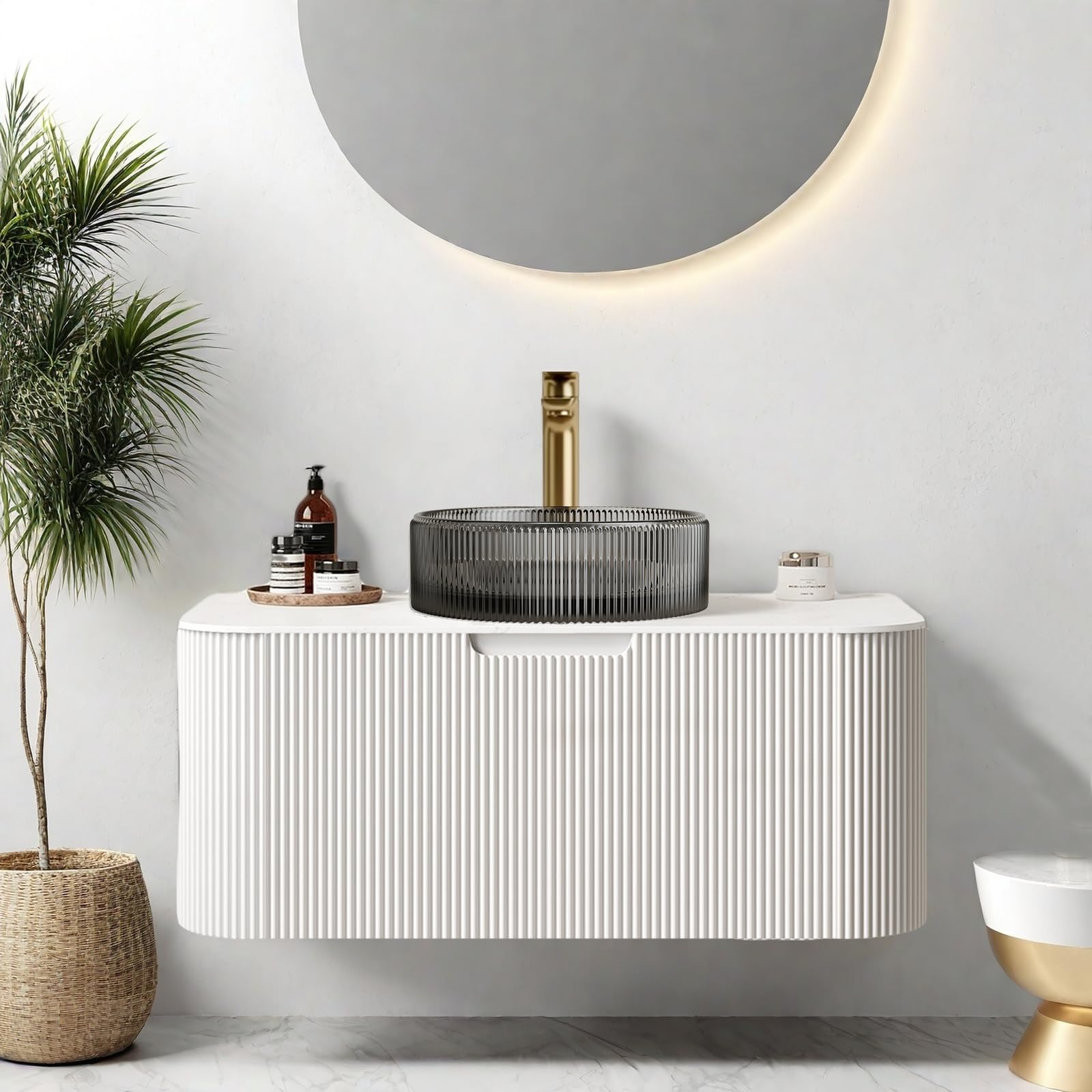 24-Inch Modern Bathroom Vanity with Sink, Floating Cabinet with Ultra-Thin Ceramic Basin and Marble Top, Extra Large Storage Drawer, Soft-Close Design, Nature Wood