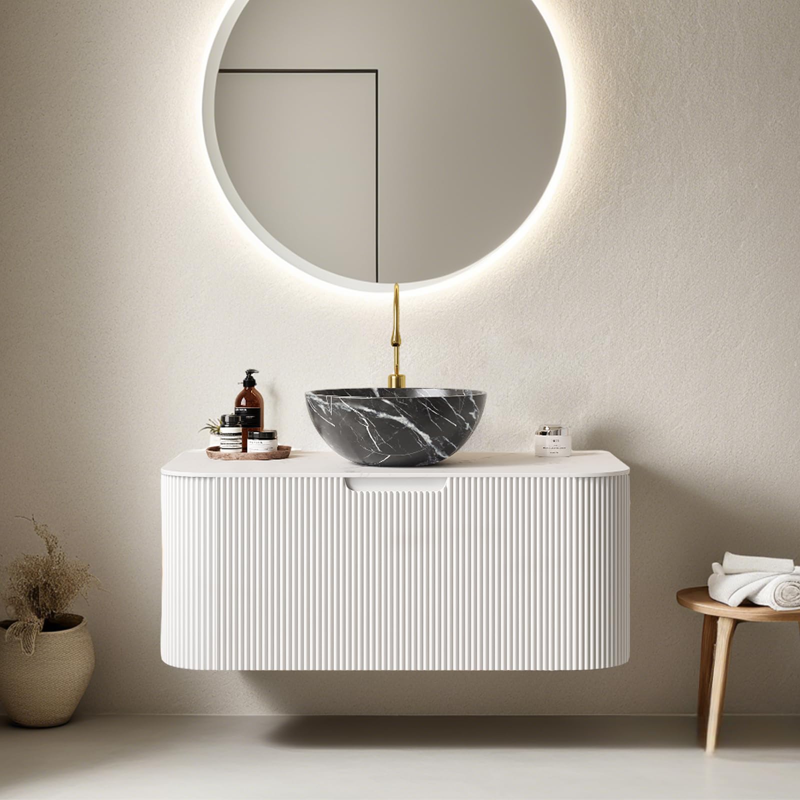 24-Inch Modern Bathroom Vanity with Sink, Floating Cabinet with Ultra-Thin Ceramic Basin and Marble Top, Extra Large Storage Drawer, Soft-Close Design, Nature Wood