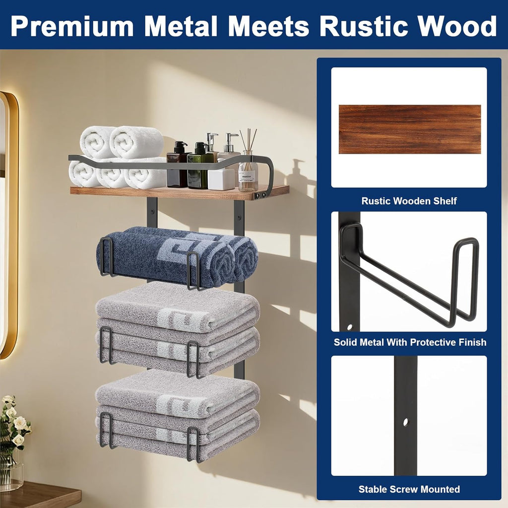 NearMoon Towel Rack with Wooden Shelf, All Metal Rustproof Towel Organizer Holder for Bathroom Storage, Wall Mounted (1 Pack, Matte Black)