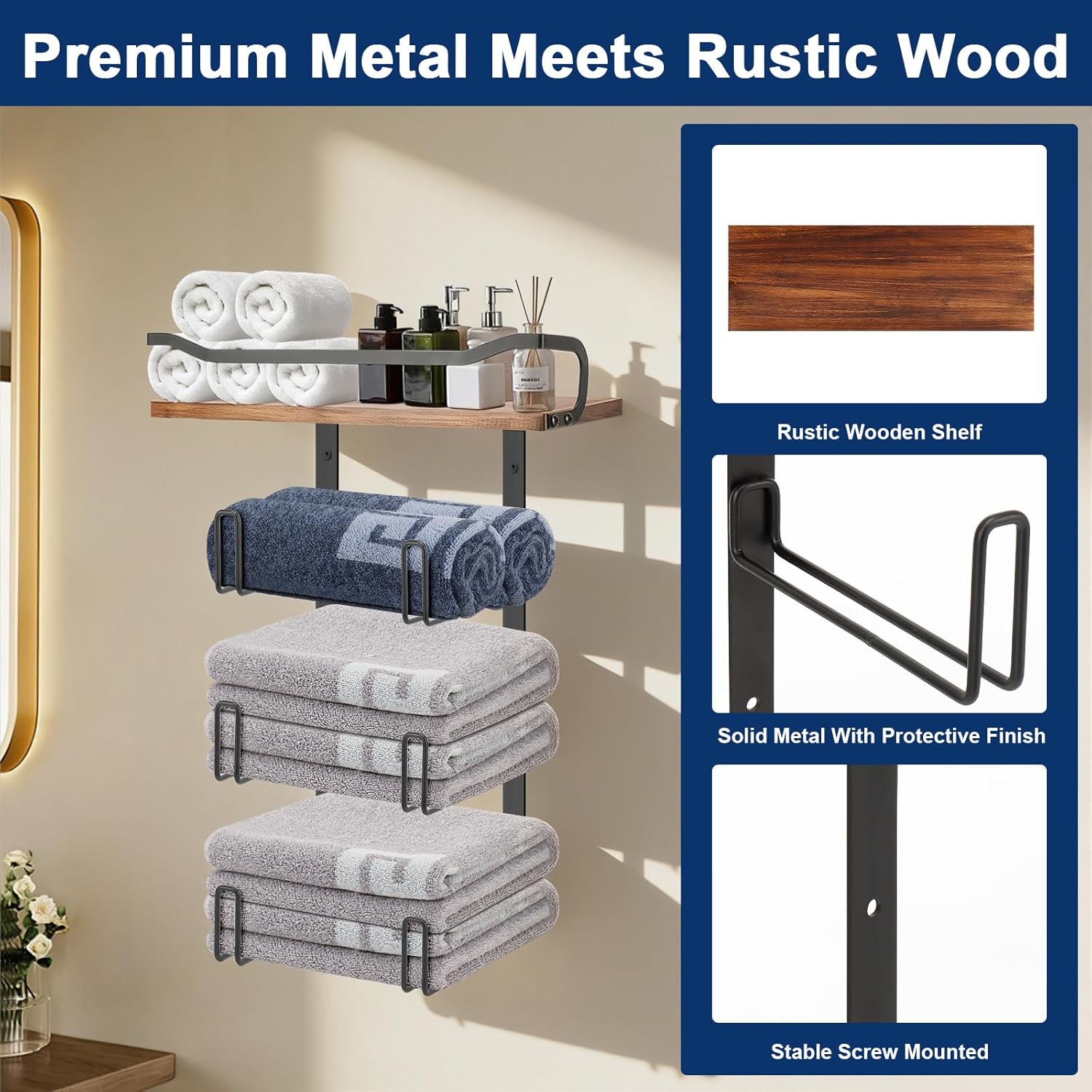 NearMoon Towel Rack with Wooden Shelf, All Metal Rustproof Towel Organizer Holder for Bathroom Storage, Wall Mounted (1 Pack, Matte Black)