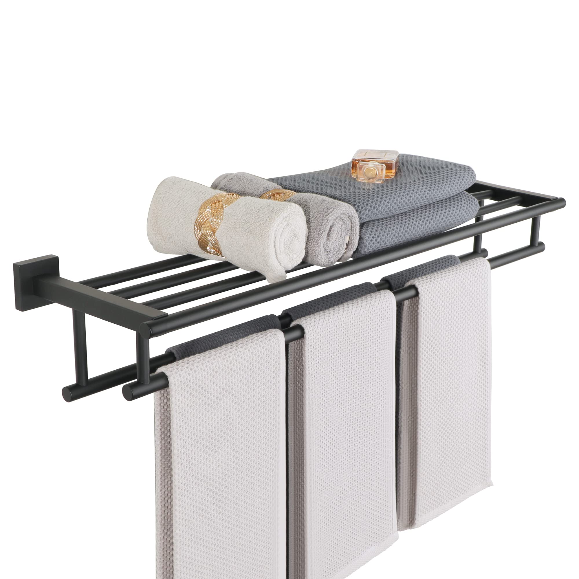 Alise Double Towel Rack for Bathroom Wall Mounted,24 Inch Bathroom Tower Holder Black Towel Rack with Double Towel Bars,SUS304 Stainless Steel Towel Bar Towel Rack with Shelf,Matte Black