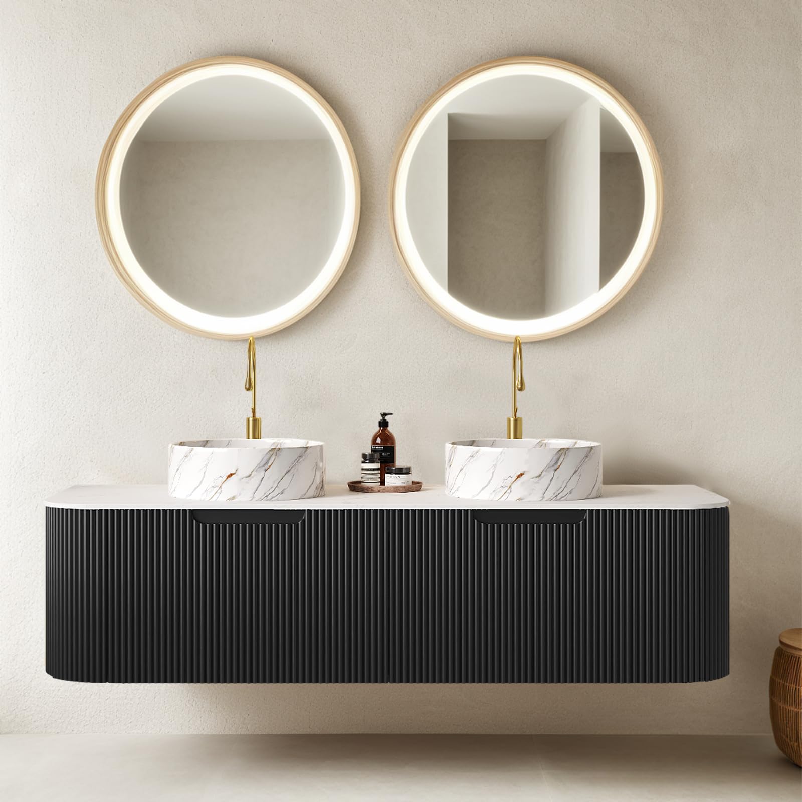 24-Inch Modern Bathroom Vanity with Sink, Floating Cabinet with Ultra-Thin Ceramic Basin and Marble Top, Extra Large Storage Drawer, Soft-Close Design, Nature Wood