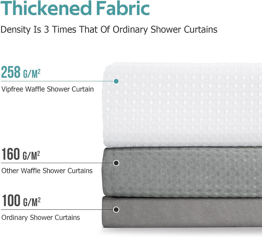 Vipfree 3 in 1 Shower Curtain Set, Waffle Shower Curtain and Liner Set with 12 Double Sided Shower Curtain Hooks, 258GSM Luxury Weighted Cloth Shower Curtains for Bathroom, 72 W x 72 H, White