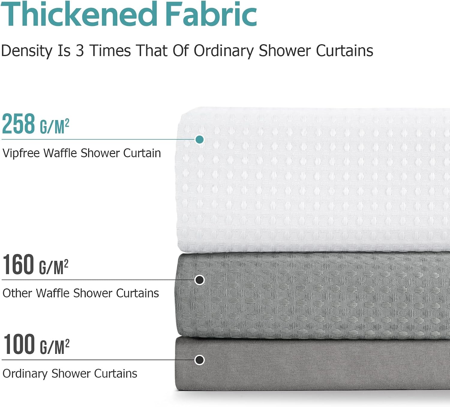 Vipfree 3 in 1 Shower Curtain Set, Waffle Shower Curtain and Liner Set with 12 Double Sided Shower Curtain Hooks, 258GSM Luxury Weighted Cloth Shower Curtains for Bathroom, 72 W x 72 H, White