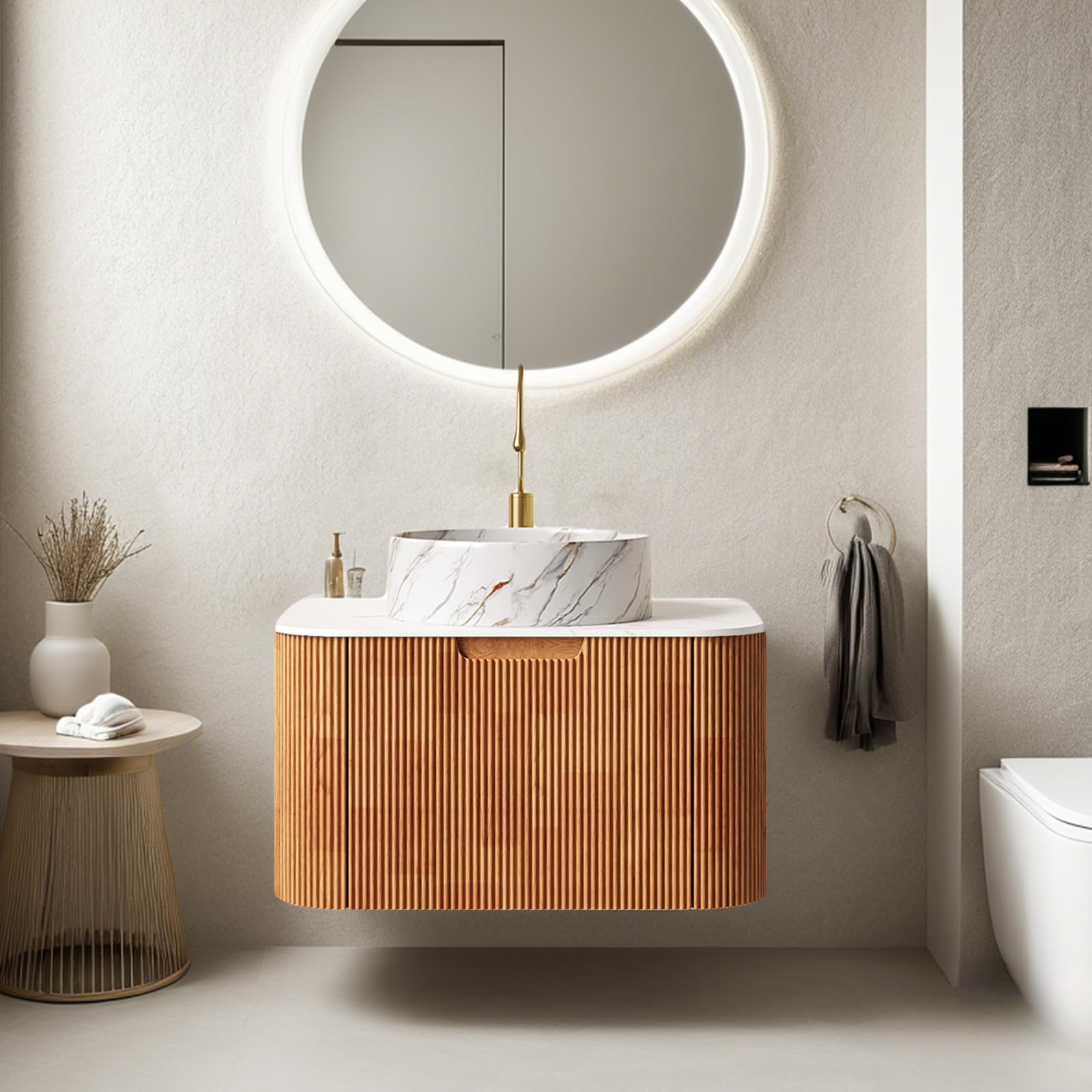 24-Inch Modern Bathroom Vanity with Sink, Floating Cabinet with Ultra-Thin Ceramic Basin and Marble Top, Extra Large Storage Drawer, Soft-Close Design, Nature Wood