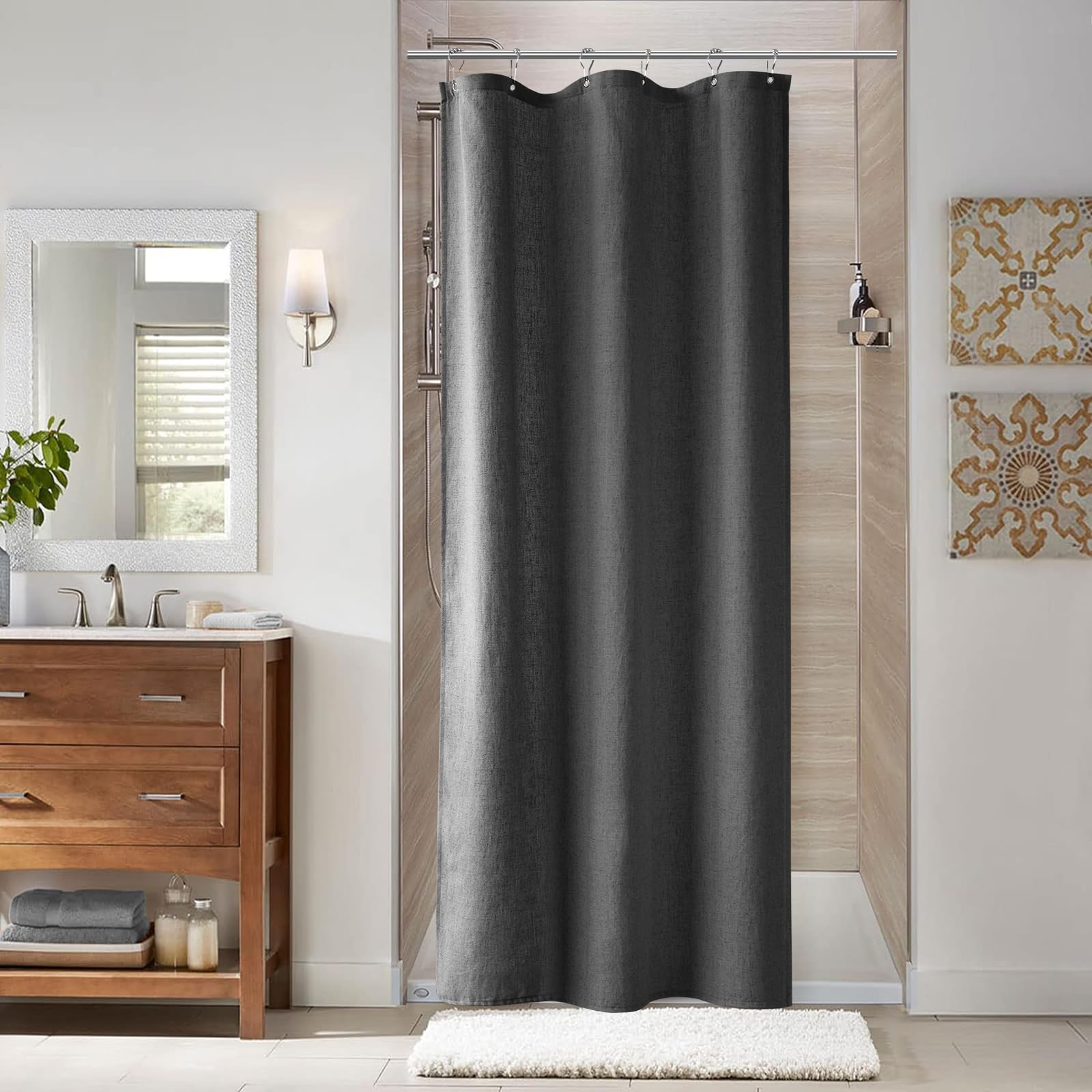 Naturoom Natural Linen Shower Curtain, Country Boho Farmhouse Bath Decor Beige Shower Curtains for Bathroom Neutral Cloth Weighted Textured Fabric Bath Curtain Liner with Hooks, Cream, 72 Inch