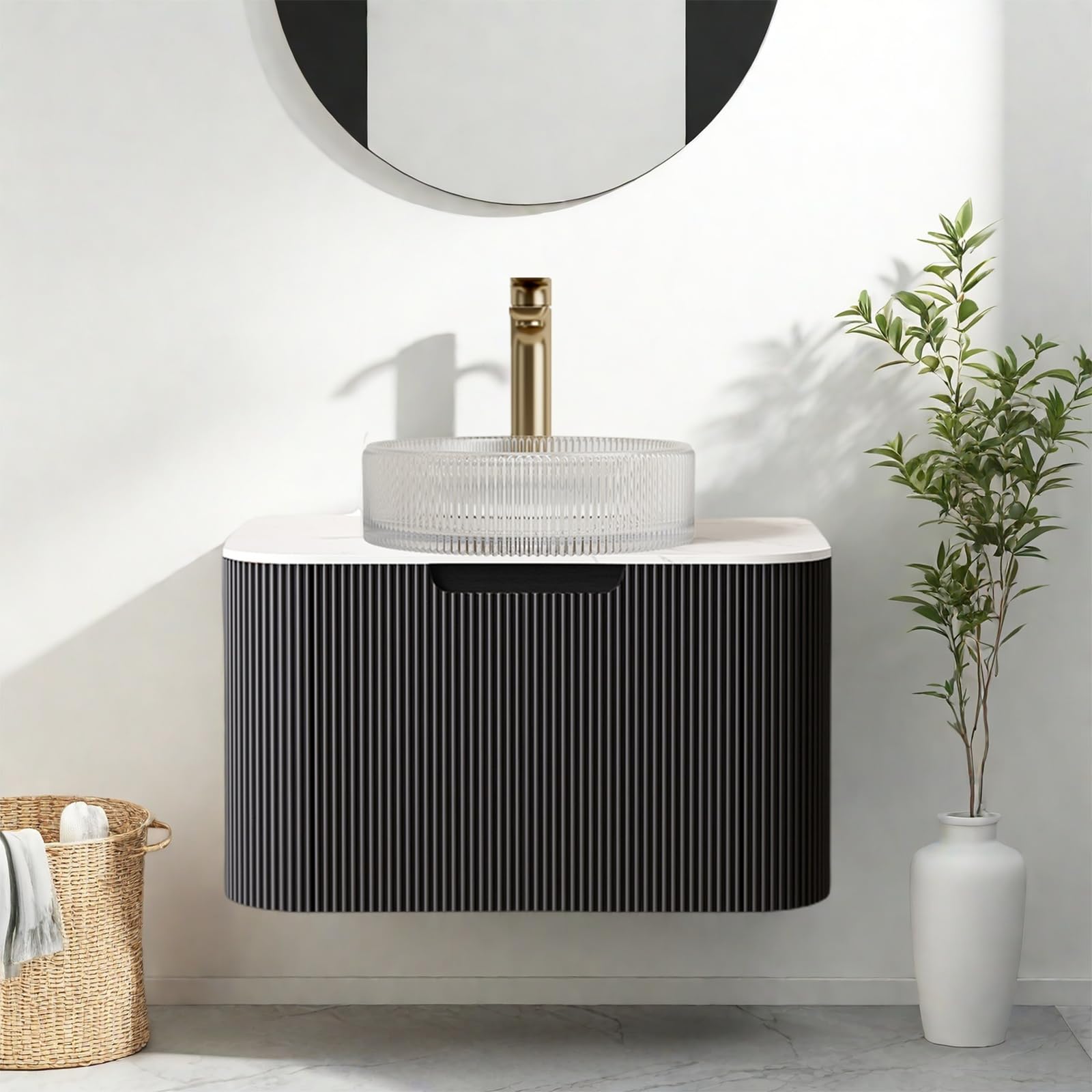24-Inch Modern Bathroom Vanity with Sink, Floating Cabinet with Ultra-Thin Ceramic Basin and Marble Top, Extra Large Storage Drawer, Soft-Close Design, Nature Wood
