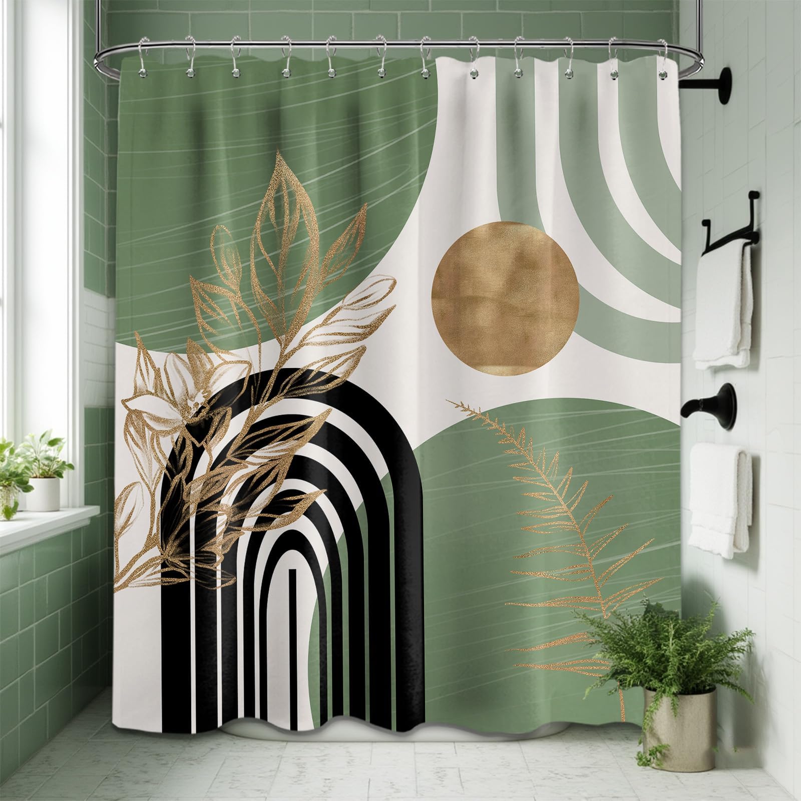 Mid Century Modern Black and Brown Shower Curtain Boho Beige and Dark Tan Gold Shower Curtains for Mens Bathroom Decor Sets, Waterproof Cloth Fabric with Hooks, 70x72in