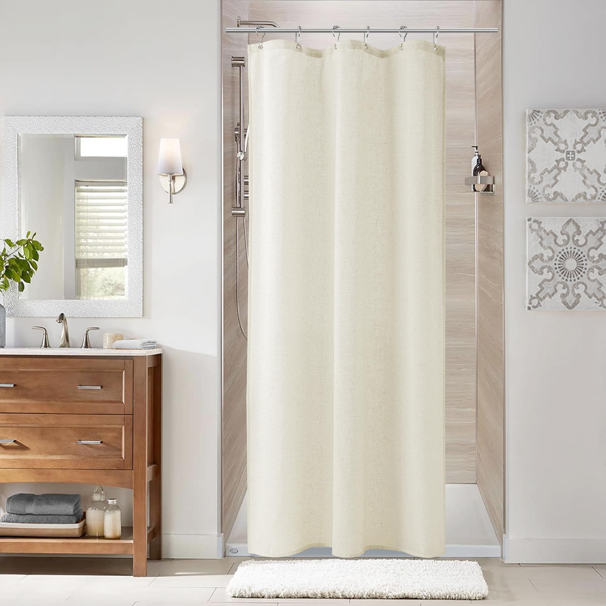 Naturoom Natural Linen Shower Curtain, Country Boho Farmhouse Bath Decor Beige Shower Curtains for Bathroom Neutral Cloth Weighted Textured Fabric Bath Curtain Liner with Hooks, Cream, 72 Inch