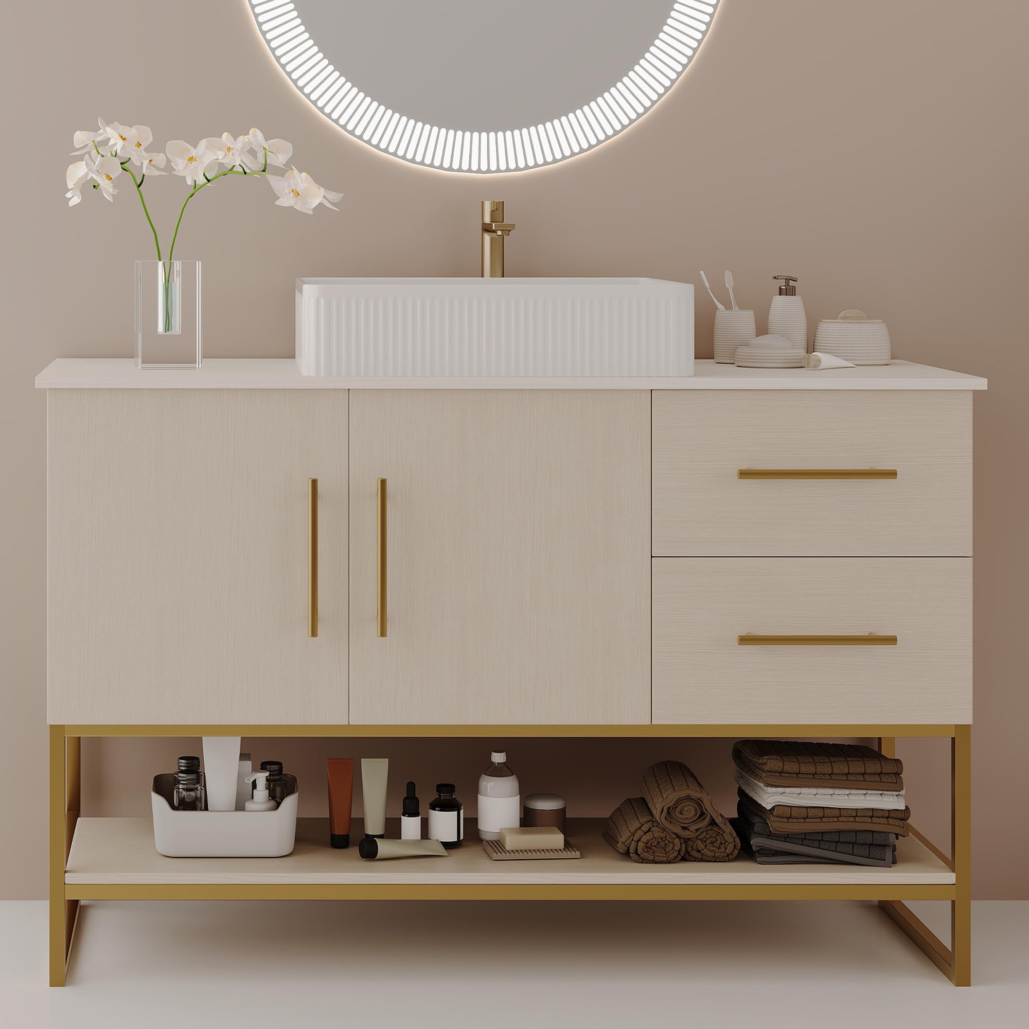 Glintee 36" Modern Bathroom Vanity with Ceramic Sink – Sintered Stone Top, 4 Soft-Close Drawers, Sturdy Solid Wood Cabinet, Wall-Mounted or Freestanding, Easy Assembly, Black & White