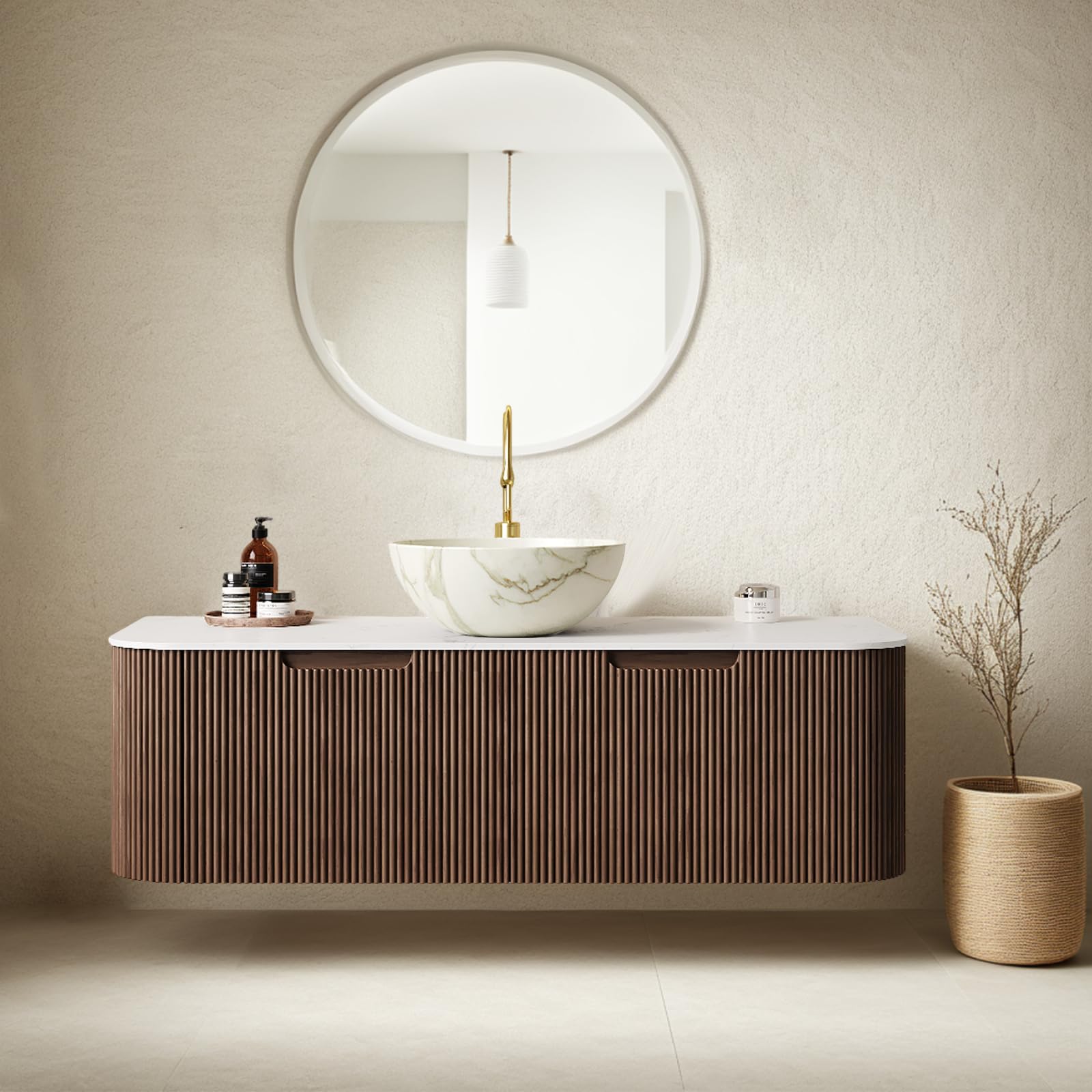 24-Inch Modern Bathroom Vanity with Sink, Floating Cabinet with Ultra-Thin Ceramic Basin and Marble Top, Extra Large Storage Drawer, Soft-Close Design, Nature Wood