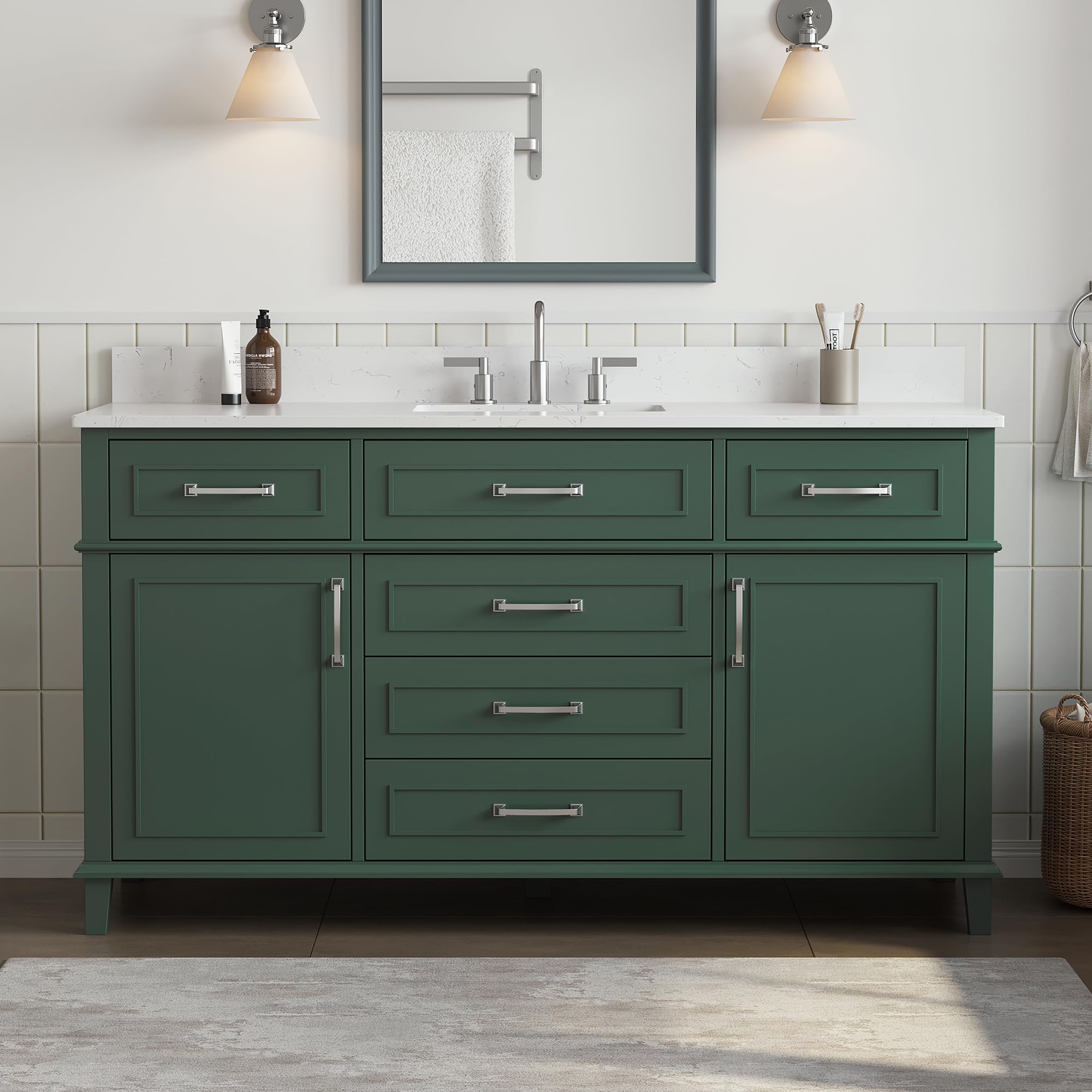 48 Inch Bathroom Vanity with Sink, Modern Steel Blue Bathroom Vanities with Soft Closing Doors & Dovetail Drawers, Quartz Countertop, No Assembly Required