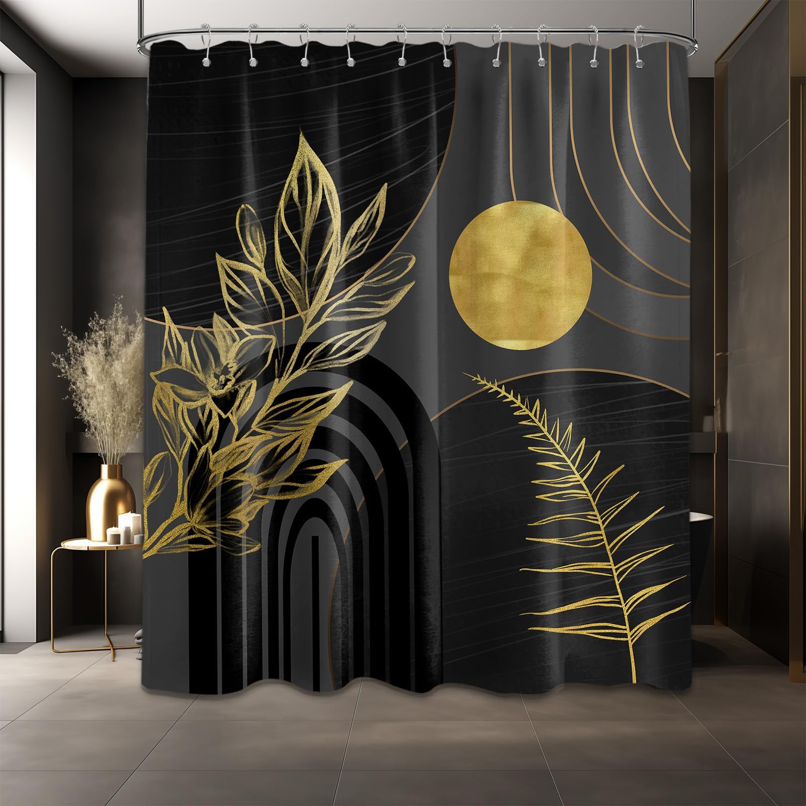 Mid Century Modern Black and Brown Shower Curtain Boho Beige and Dark Tan Gold Shower Curtains for Mens Bathroom Decor Sets, Waterproof Cloth Fabric with Hooks, 70x72in