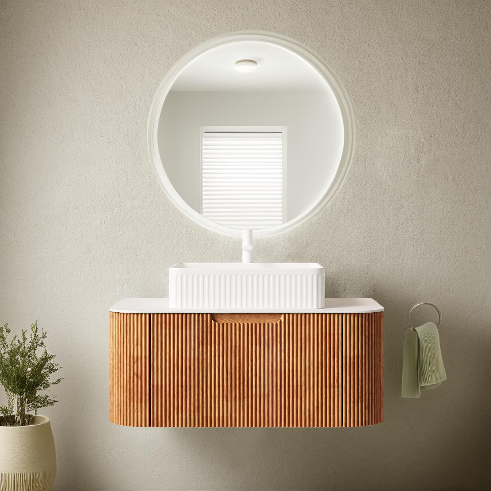 24-Inch Modern Bathroom Vanity with Sink, Floating Cabinet with Ultra-Thin Ceramic Basin and Marble Top, Extra Large Storage Drawer, Soft-Close Design, Nature Wood