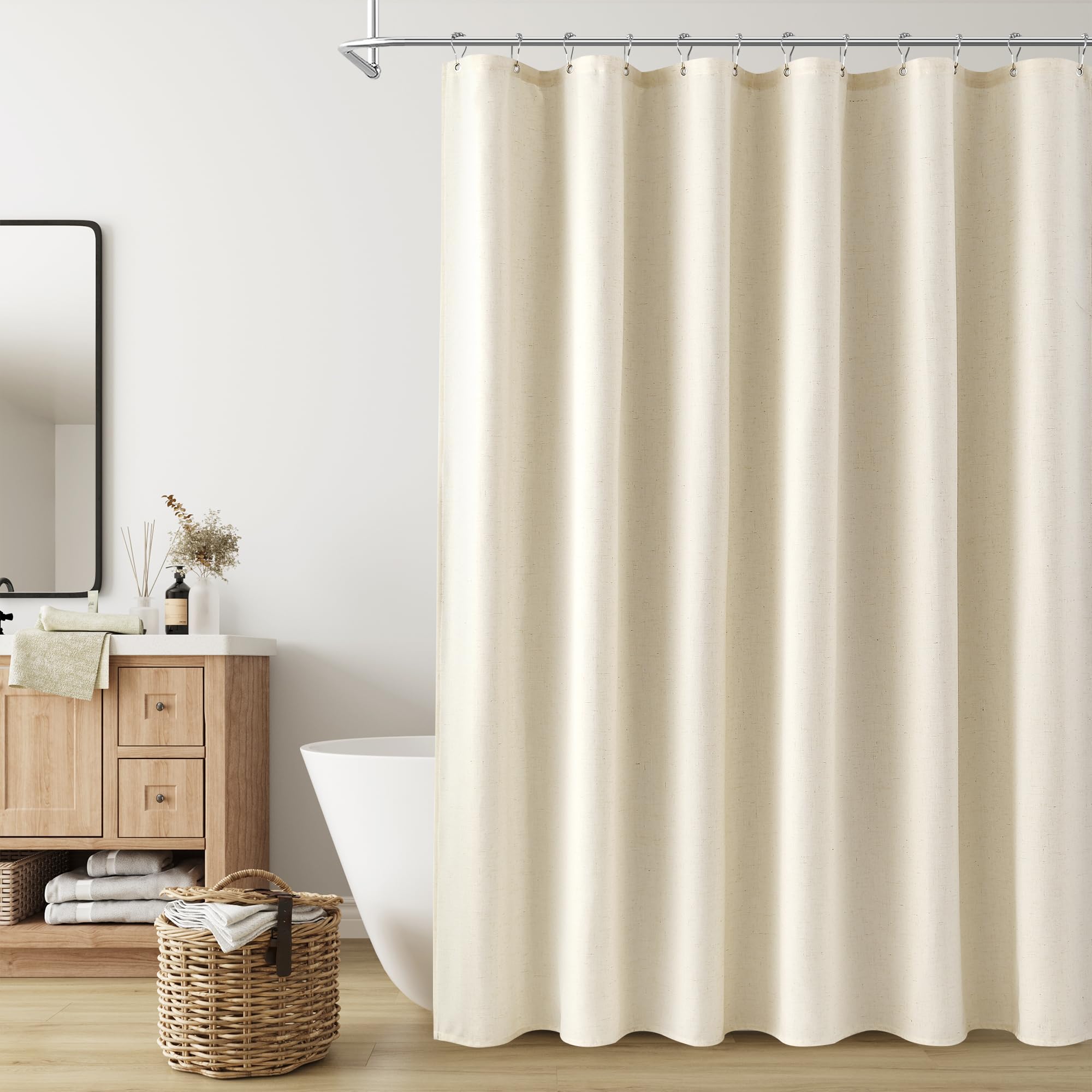 Naturoom Natural Linen Shower Curtain, Country Boho Farmhouse Bath Decor Beige Shower Curtains for Bathroom Neutral Cloth Weighted Textured Fabric Bath Curtain Liner with Hooks, Cream, 72 Inch