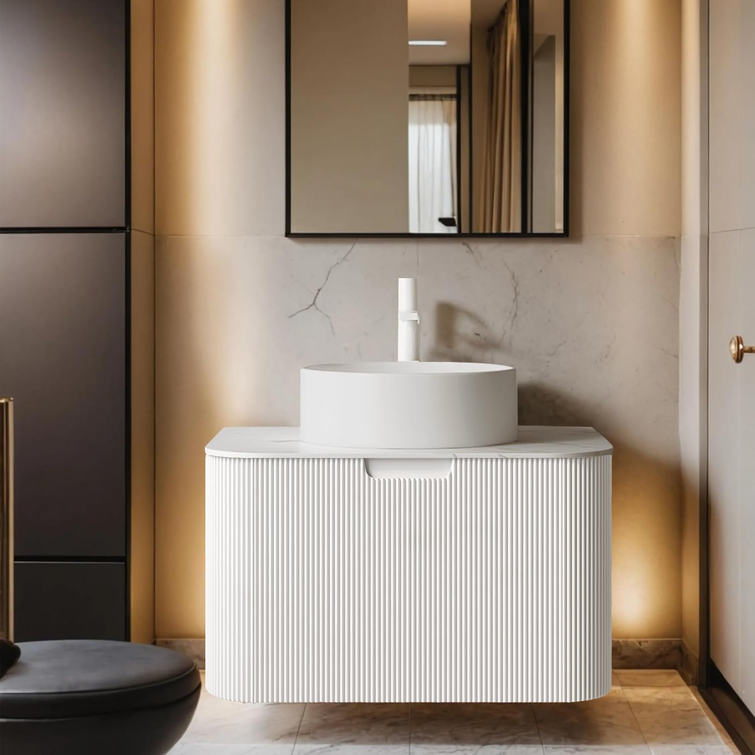 24-Inch Modern Bathroom Vanity with Sink, Floating Cabinet with Ultra-Thin Ceramic Basin and Marble Top, Extra Large Storage Drawer, Soft-Close Design, Nature Wood