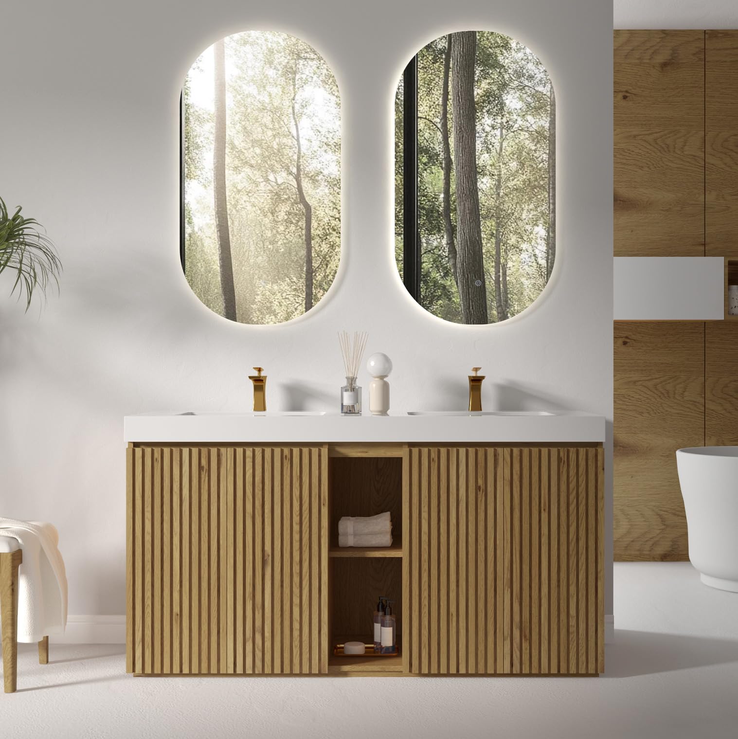 60" Bathroom Vanity with Double Sink, Freestanding Double Sink Bathroom Vanity with White Engineered Stone Top, Open Storage Cabinet & Adjustable Shelf, 4 Soft-Closing Doors, Smoked Oak Brown