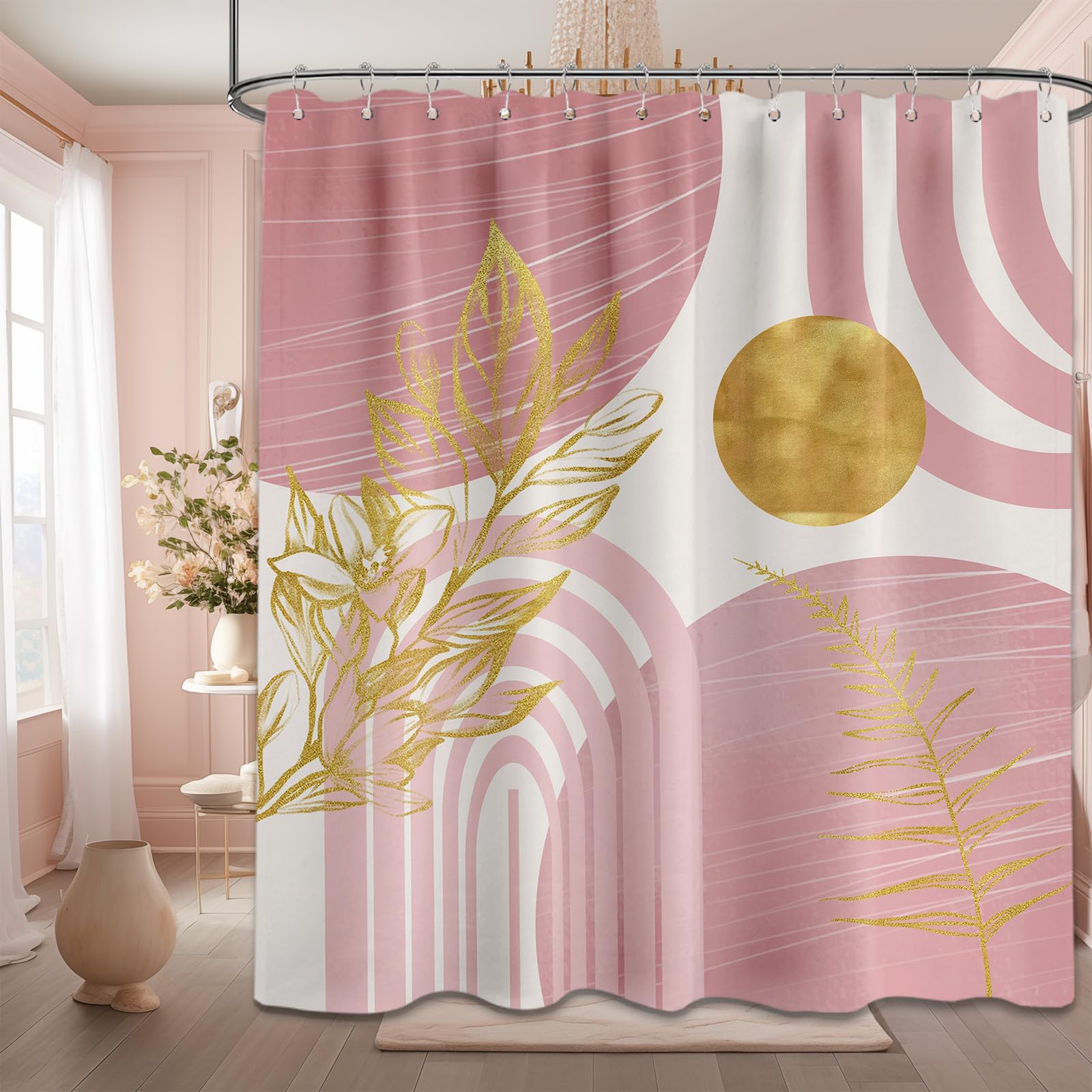 Mid Century Modern Black and Brown Shower Curtain Boho Beige and Dark Tan Gold Shower Curtains for Mens Bathroom Decor Sets, Waterproof Cloth Fabric with Hooks, 70x72in
