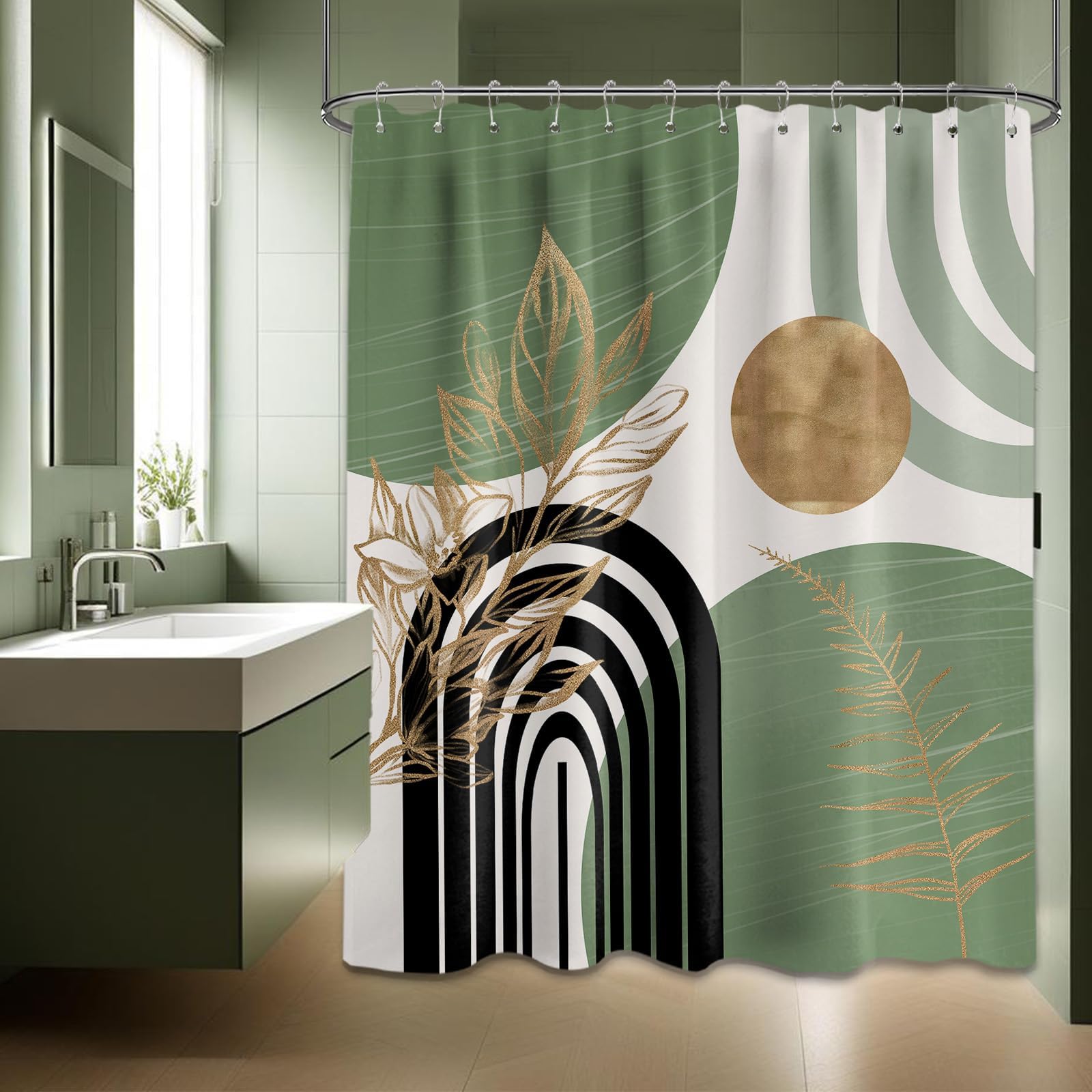 Mid Century Modern Black and Brown Shower Curtain Boho Beige and Dark Tan Gold Shower Curtains for Mens Bathroom Decor Sets, Waterproof Cloth Fabric with Hooks, 70x72in