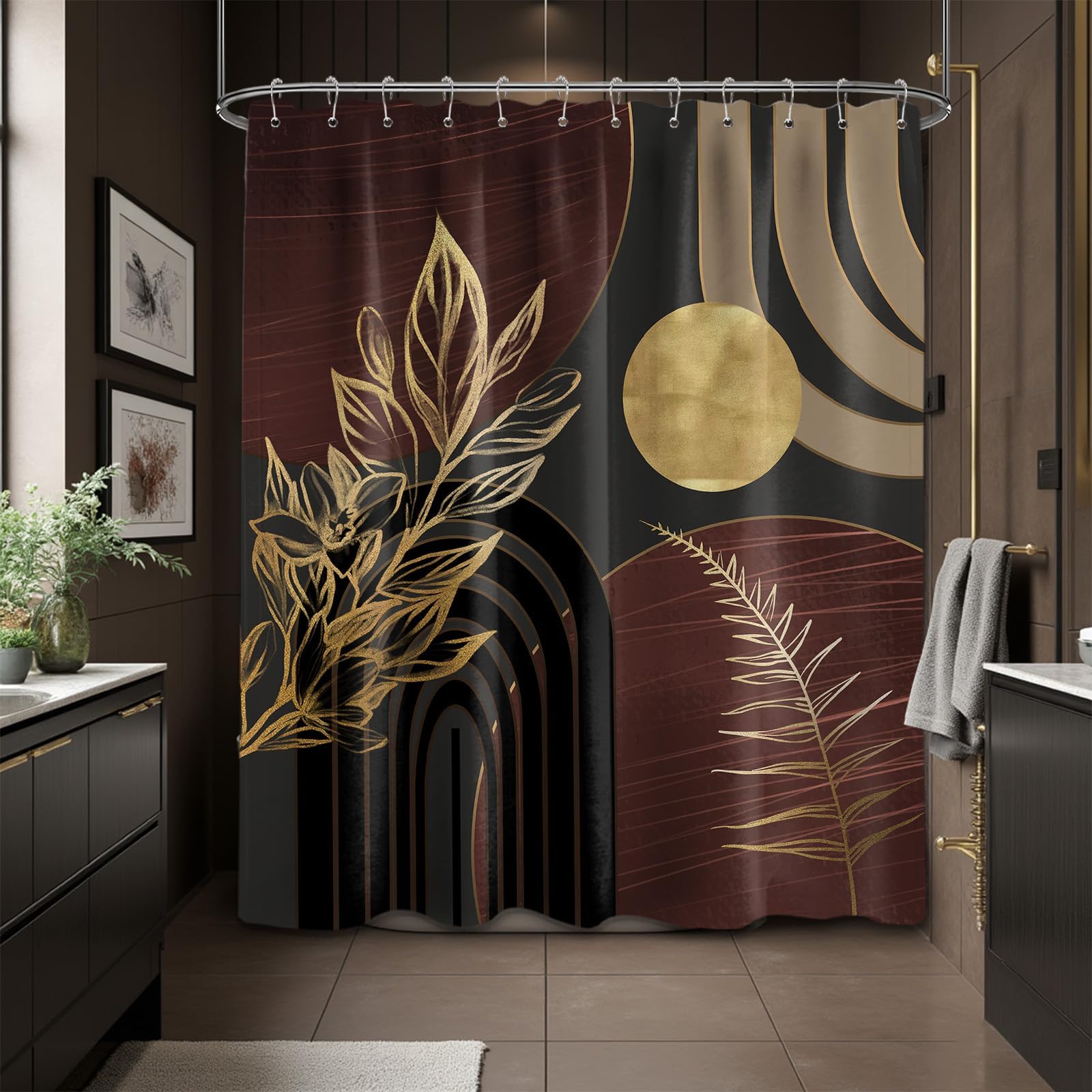 Mid Century Modern Black and Brown Shower Curtain Boho Beige and Dark Tan Gold Shower Curtains for Mens Bathroom Decor Sets, Waterproof Cloth Fabric with Hooks, 70x72in