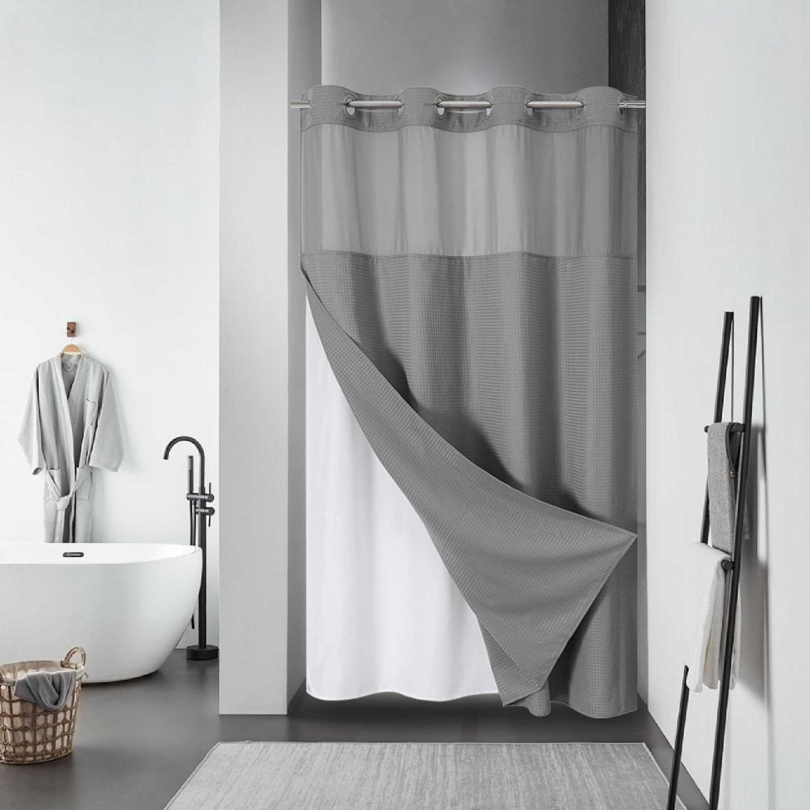 eachope BurntOrange Extra Long No Hook Waffle Weave Shower Curtain with snap-in Liner Replacement, 230GSM Waterproof Fabric Hotel Shower Curtain Set for Bathroom, Through Mesh Top Window,71Wx86H