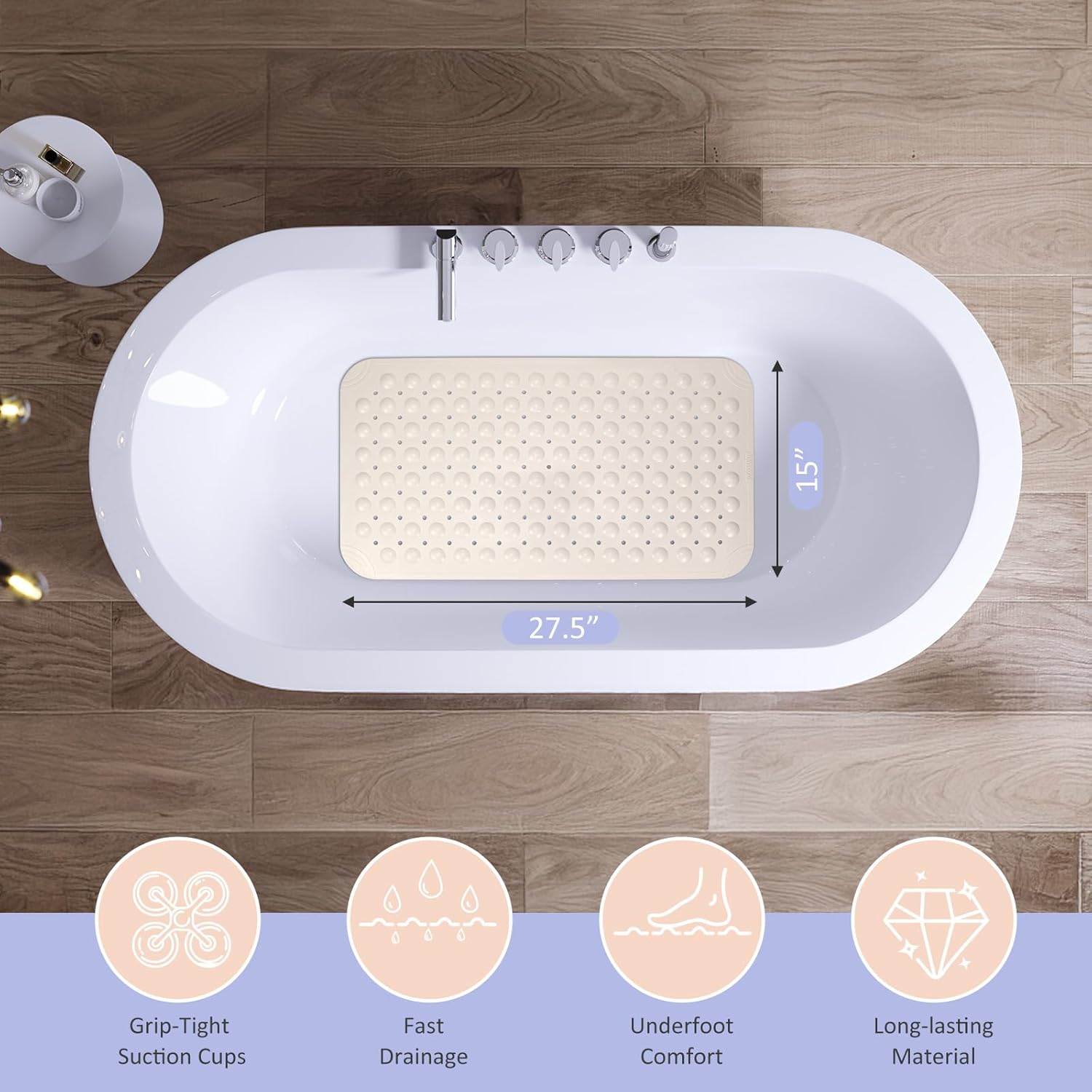 Non Slip Shower Mats for Inside Shower 15 x 27.5 Inch, TPE Bathtub Mat Non-Slip, Bath Mat for Tub with Suction Cups, Drain Holes Bath Tub Mat for Bathroom (Beige)