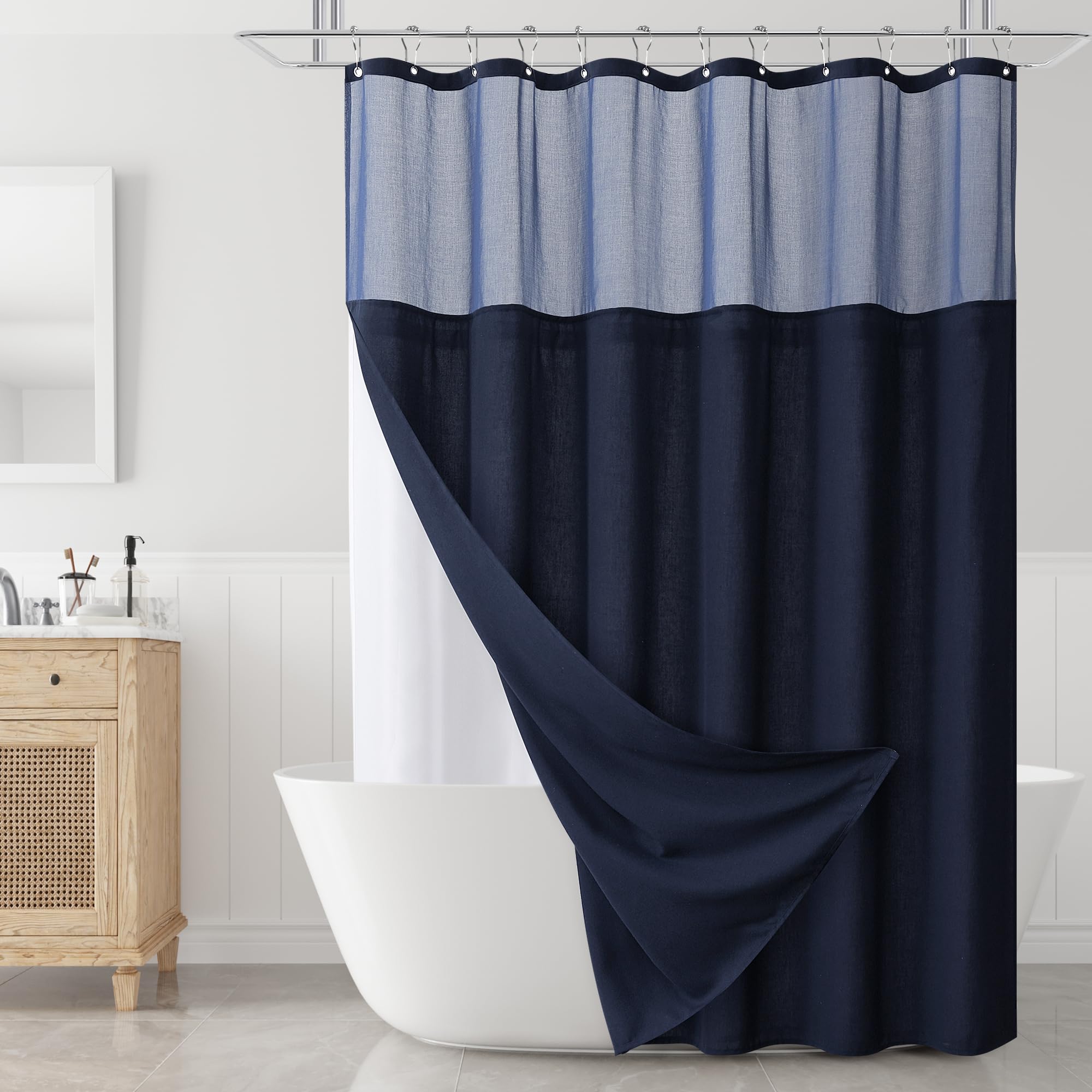 Naturoom Natural Linen Shower Curtain, Country Boho Farmhouse Bath Decor Beige Shower Curtains for Bathroom Neutral Cloth Weighted Textured Fabric Bath Curtain Liner with Hooks, Cream, 72 Inch