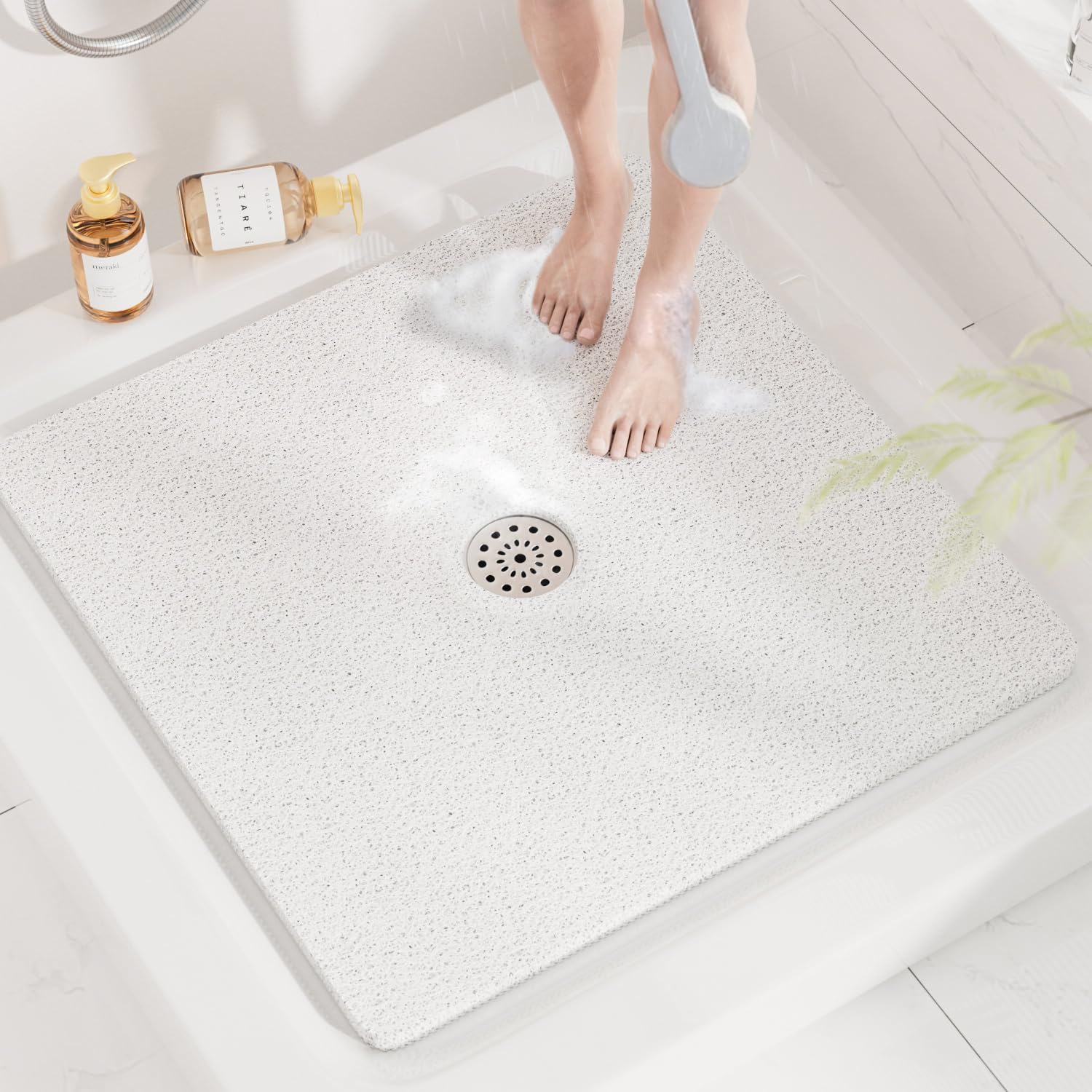 HITSLAM Square Shower Mat, 24 x 24 Inch Non Slip Bath Mat for Tub, Soft PVC Loofah Bathtub Mats with Drain Holes, Quick Drying Bathroom Stall Floor Mat, Bathroom Accessories Without Suction Cup, Grey