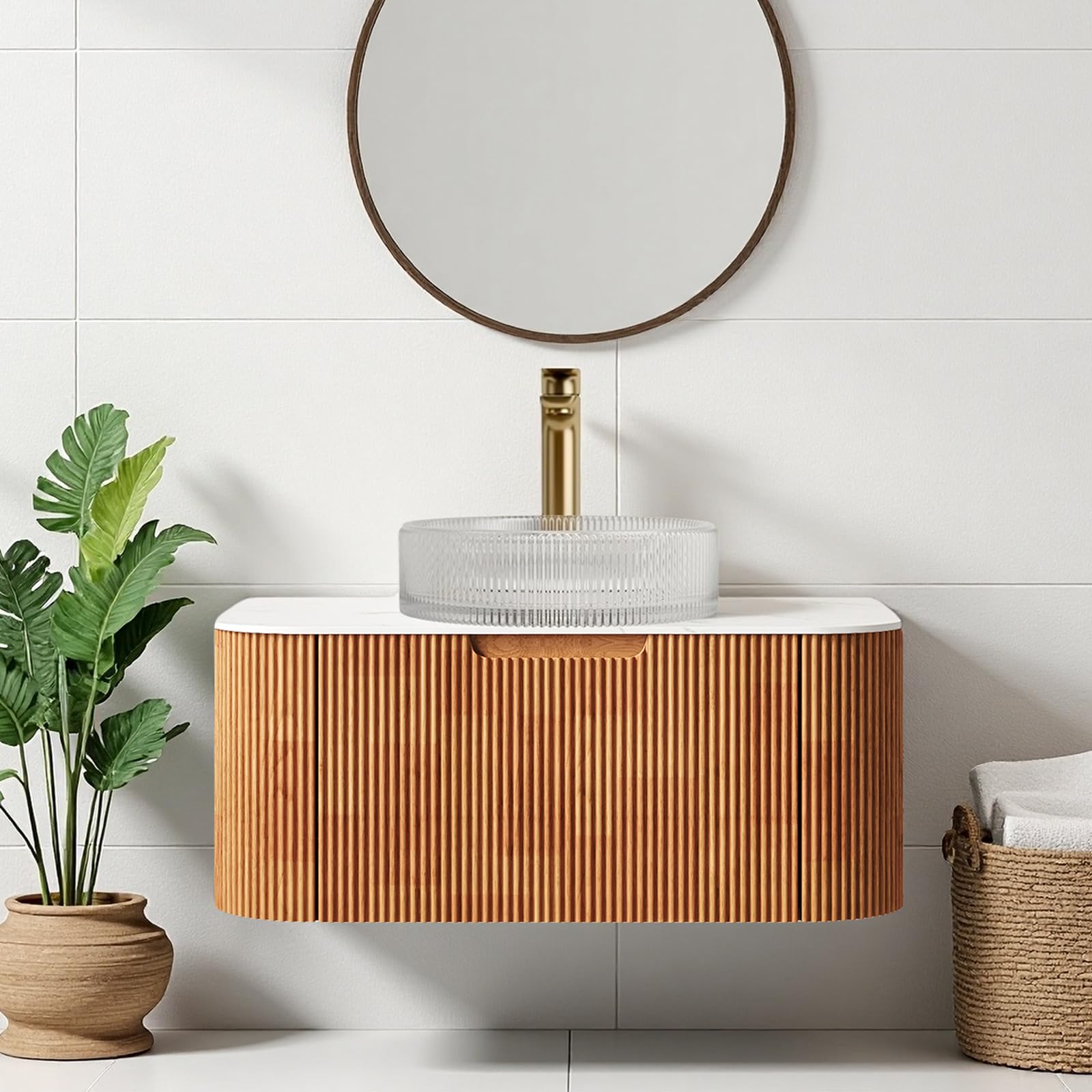 24-Inch Modern Bathroom Vanity with Sink, Floating Cabinet with Ultra-Thin Ceramic Basin and Marble Top, Extra Large Storage Drawer, Soft-Close Design, Nature Wood