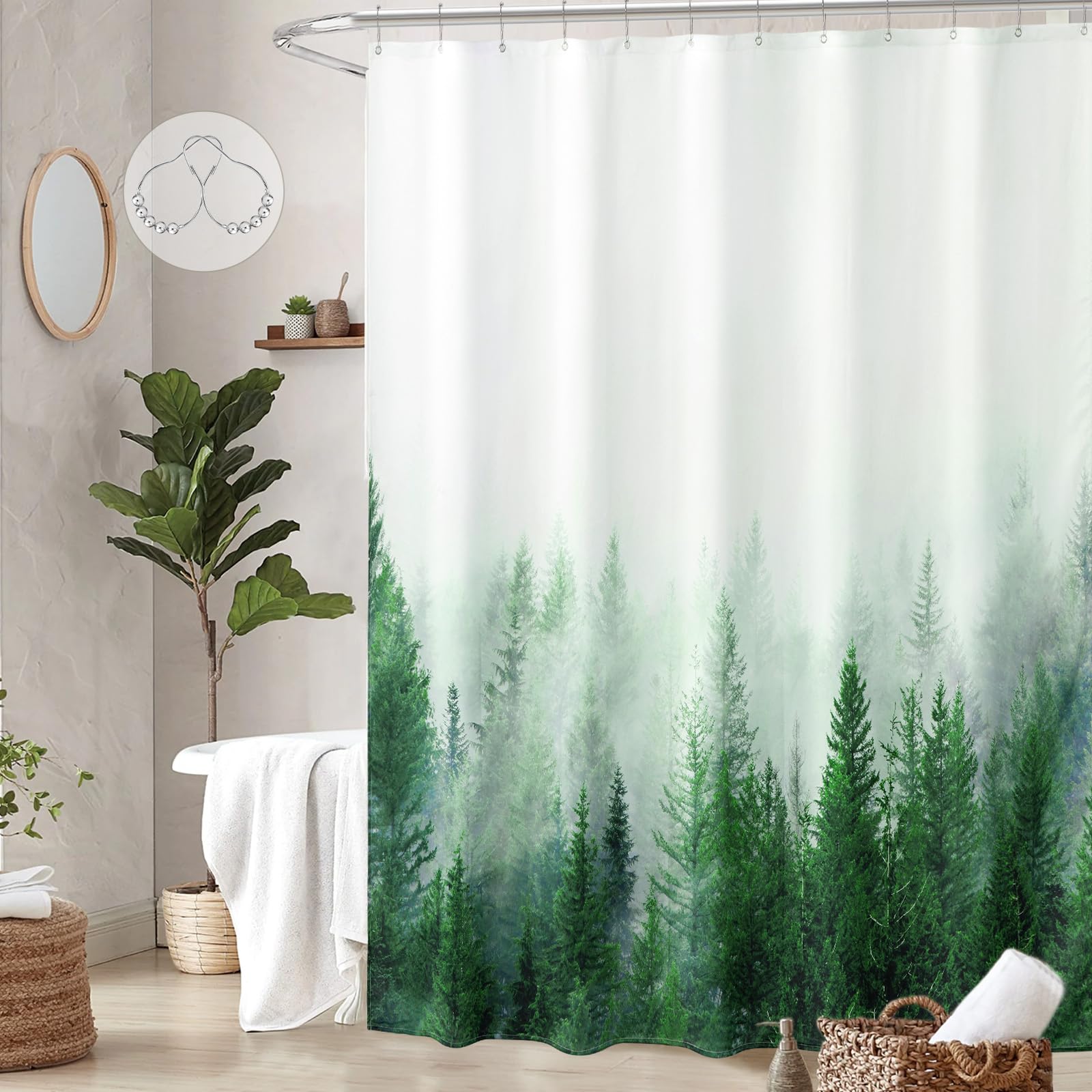 ORTIGIA Dark Green Misty Forest Shower Curtain for Bathroom, Nature Woodland Shower Curtain Set with Hooks, Decorative Pine Tree Fog Magic Bath Curtain for Home, Waterproof Fabric, Weighted, 72x72
