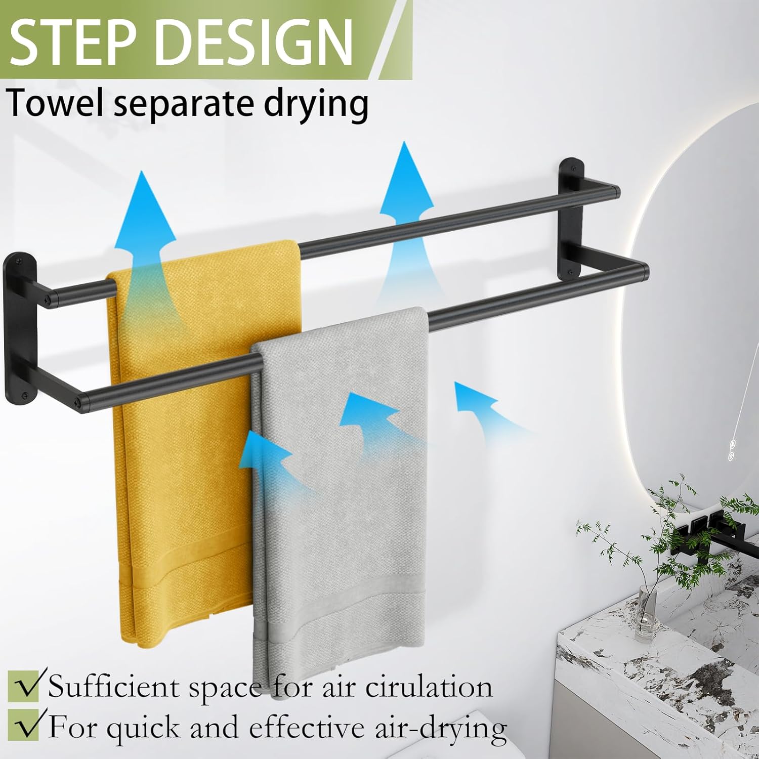 Double Towel Bar 32 Inch, Towel Racks for Bathroom, Wall Mount Bathroom Towel Holder, Stainless Steel Bathroom Towel Rack, Towel Rod Double Towel Hanger(Matte Black)