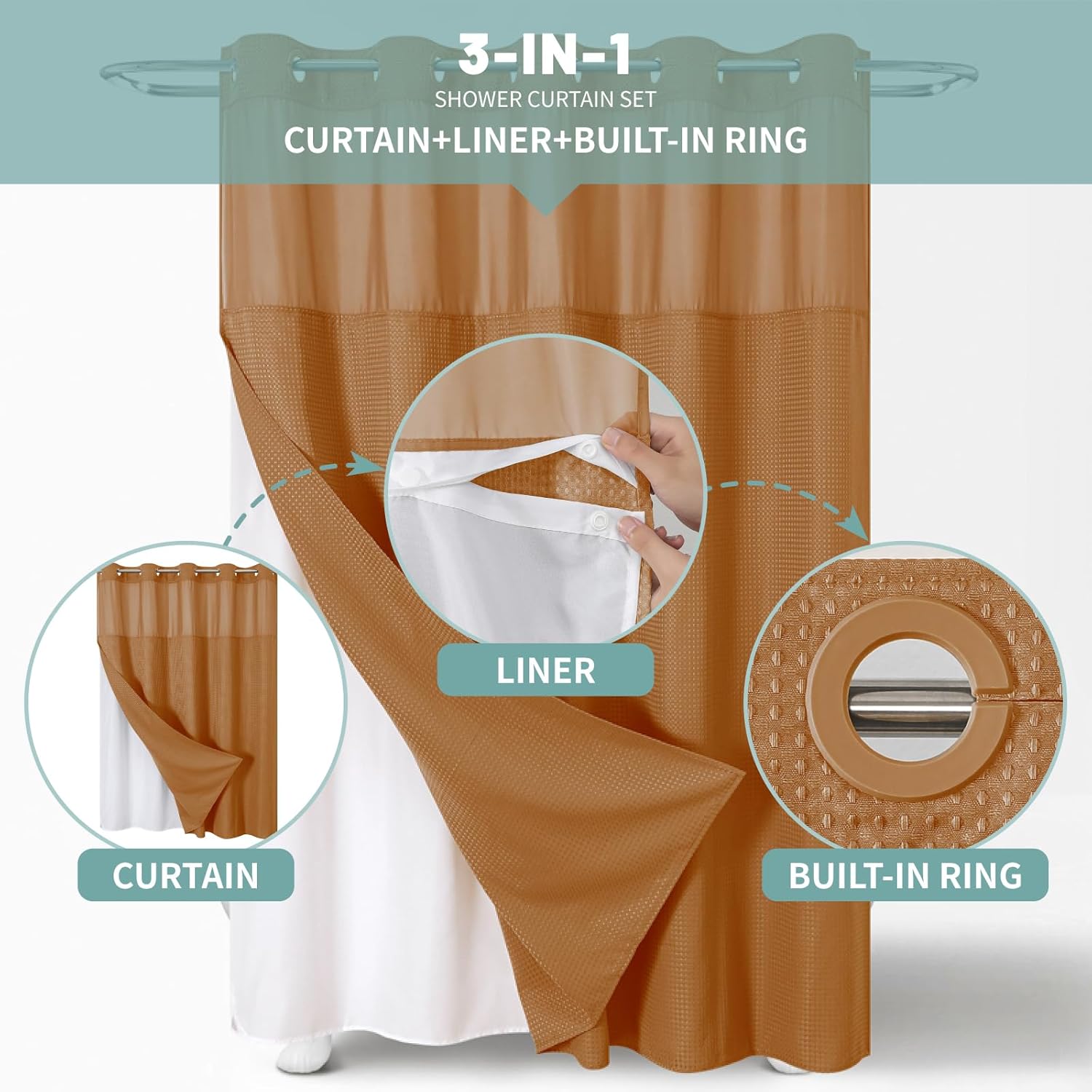 eachope BurntOrange Extra Long No Hook Waffle Weave Shower Curtain with snap-in Liner Replacement, 230GSM Waterproof Fabric Hotel Shower Curtain Set for Bathroom, Through Mesh Top Window,71Wx86H