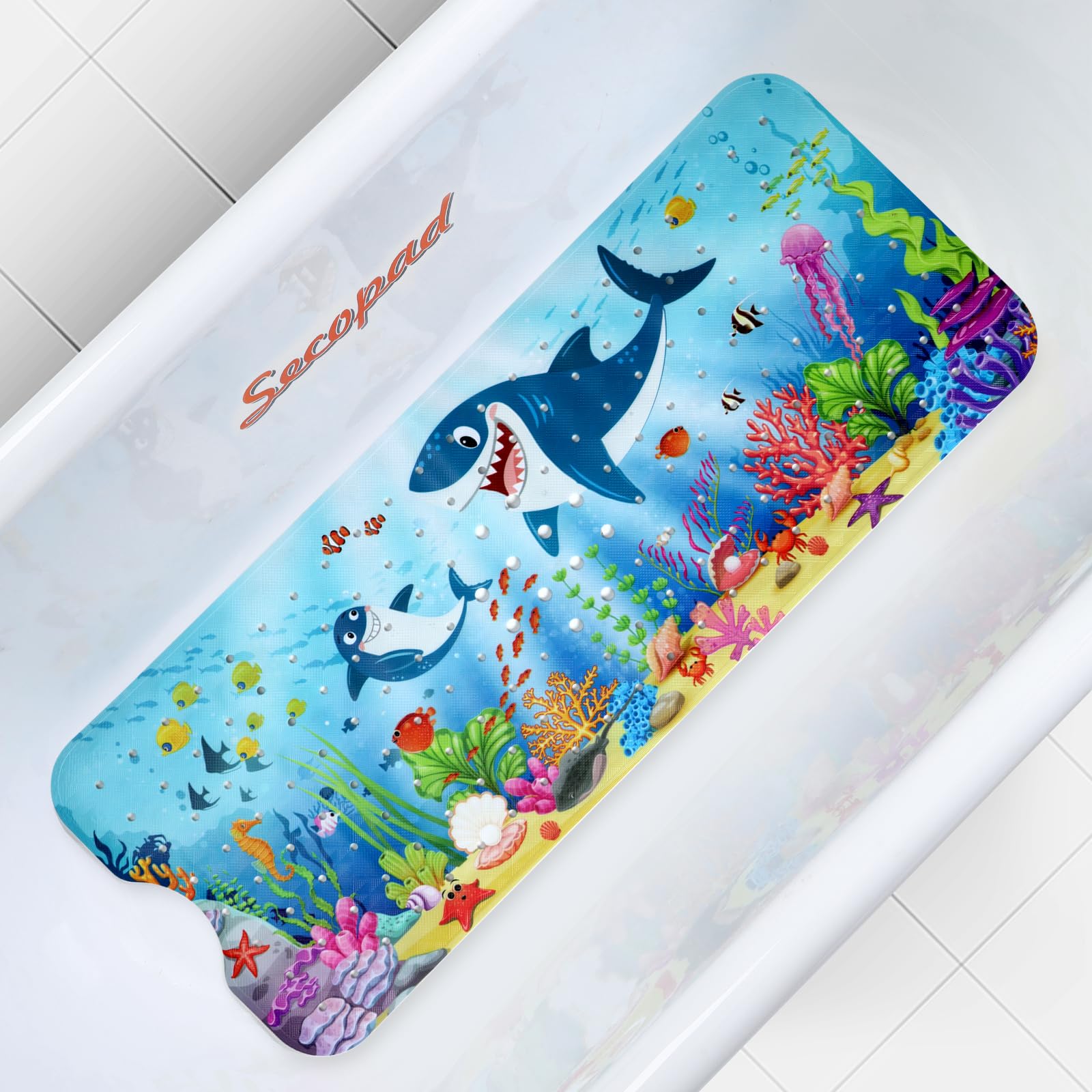 Secopad Bath Mat for Tub Non Slip, Machine Washable Anti-Slip Cartoon Baby Bathtub Shower Mat with Drain Holes and Suction Cups for Toddler & Kids (40 Inch x 16 Inch-Rectangular, Turtles)