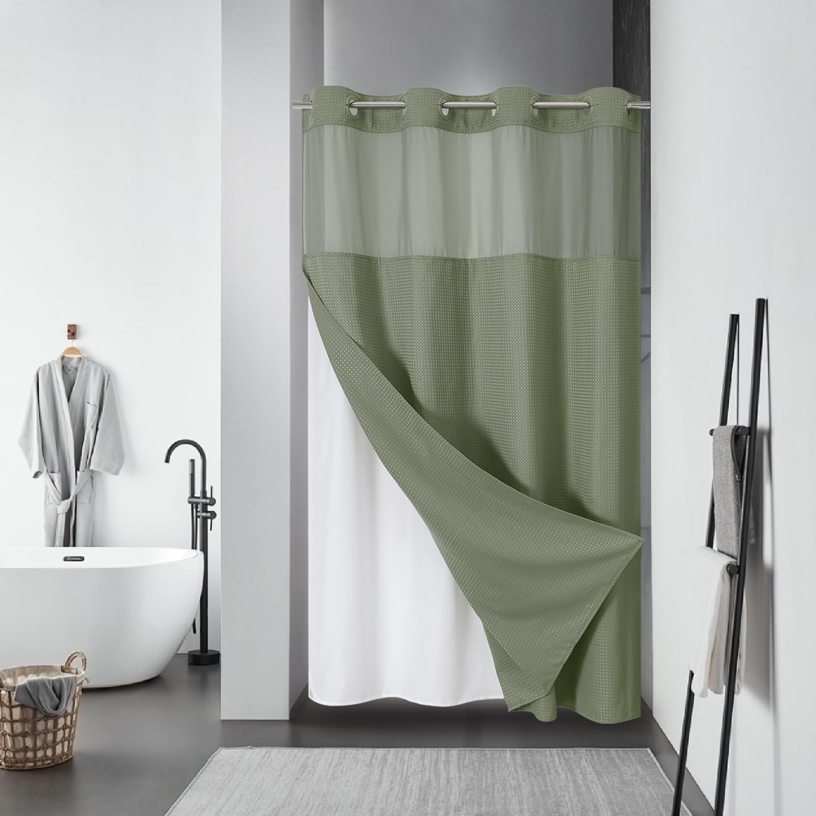 eachope BurntOrange Extra Long No Hook Waffle Weave Shower Curtain with snap-in Liner Replacement, 230GSM Waterproof Fabric Hotel Shower Curtain Set for Bathroom, Through Mesh Top Window,71Wx86H