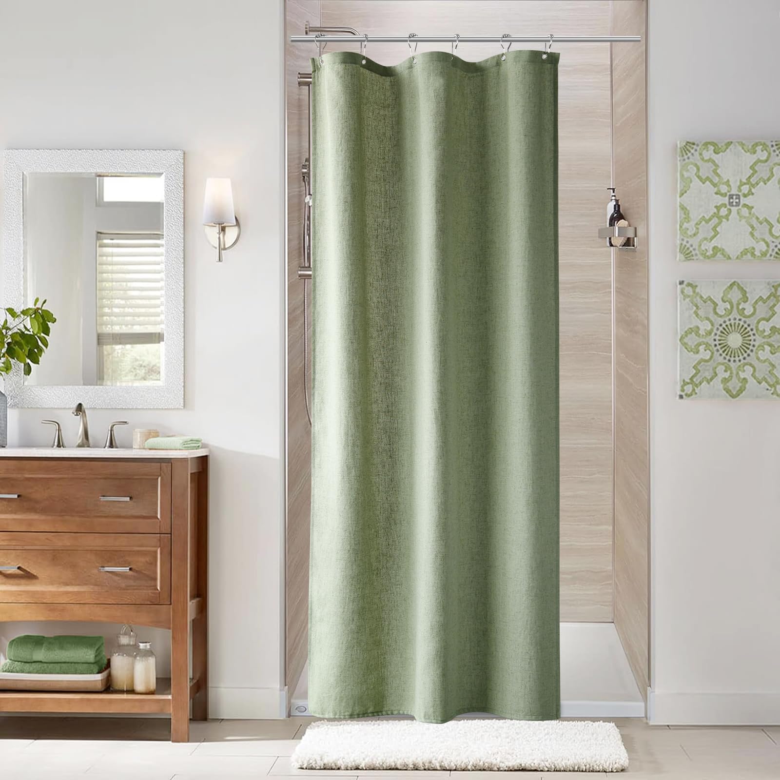 Naturoom Natural Linen Shower Curtain, Country Boho Farmhouse Bath Decor Beige Shower Curtains for Bathroom Neutral Cloth Weighted Textured Fabric Bath Curtain Liner with Hooks, Cream, 72 Inch