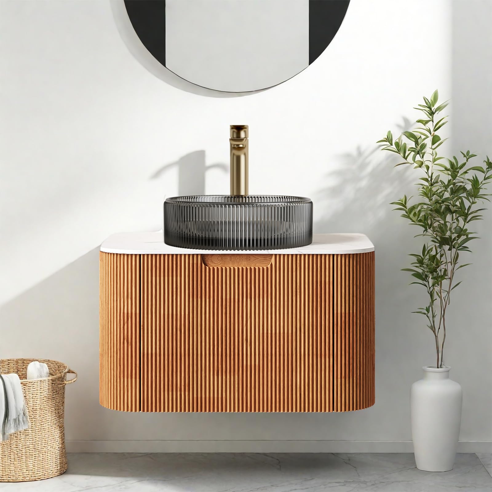 24-Inch Modern Bathroom Vanity with Sink, Floating Cabinet with Ultra-Thin Ceramic Basin and Marble Top, Extra Large Storage Drawer, Soft-Close Design, Nature Wood