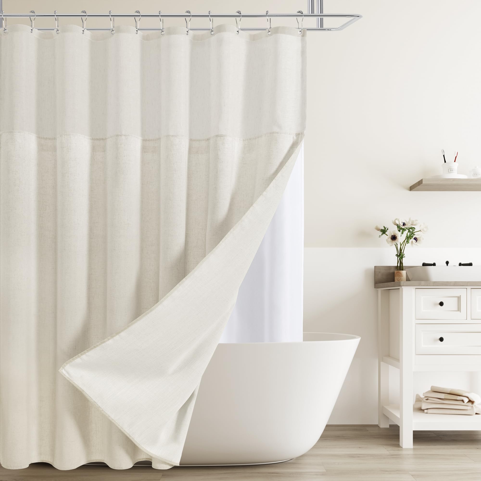 Naturoom Natural Linen Shower Curtain, Country Boho Farmhouse Bath Decor Beige Shower Curtains for Bathroom Neutral Cloth Weighted Textured Fabric Bath Curtain Liner with Hooks, Cream, 72 Inch