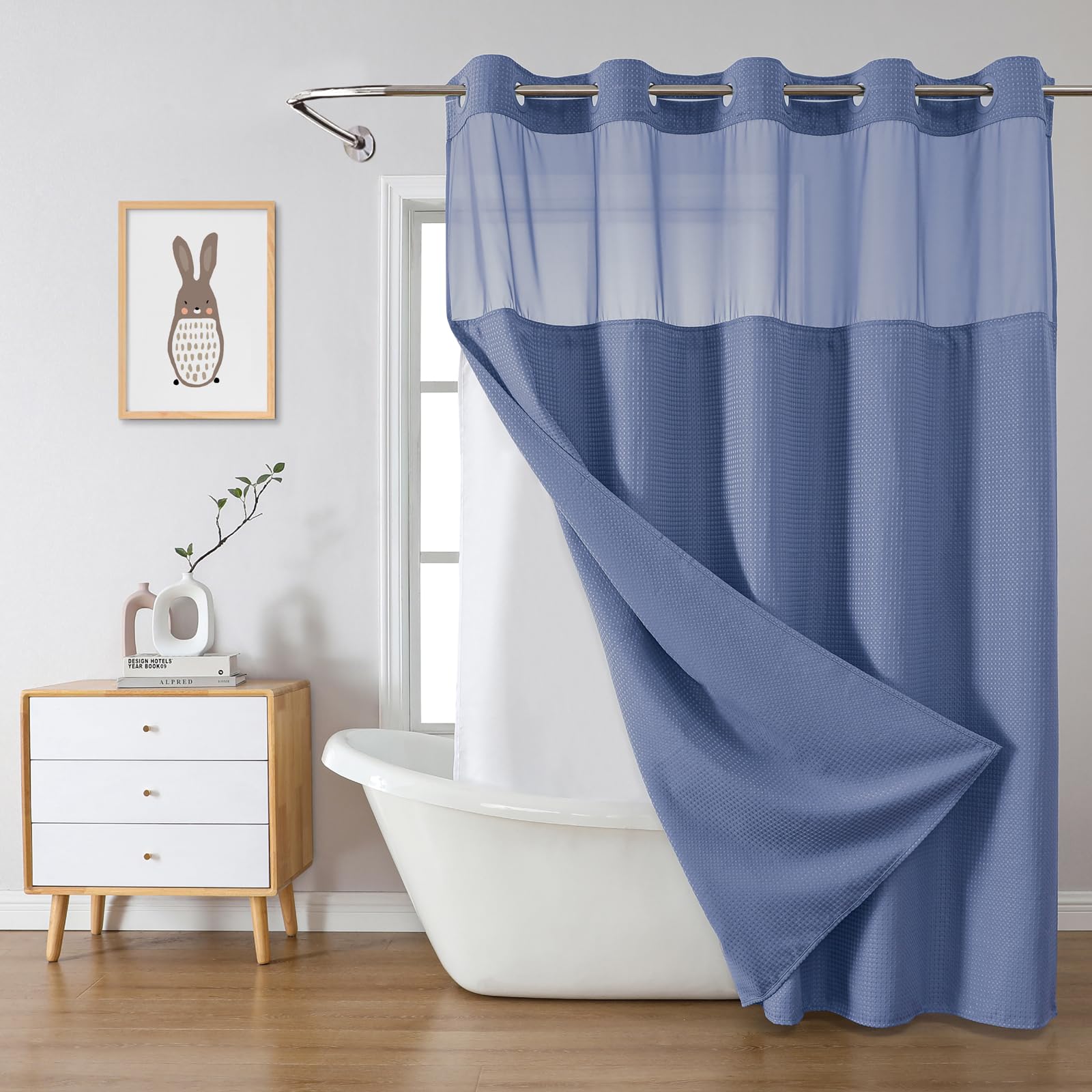 eachope BurntOrange Extra Long No Hook Waffle Weave Shower Curtain with snap-in Liner Replacement, 230GSM Waterproof Fabric Hotel Shower Curtain Set for Bathroom, Through Mesh Top Window,71Wx86H