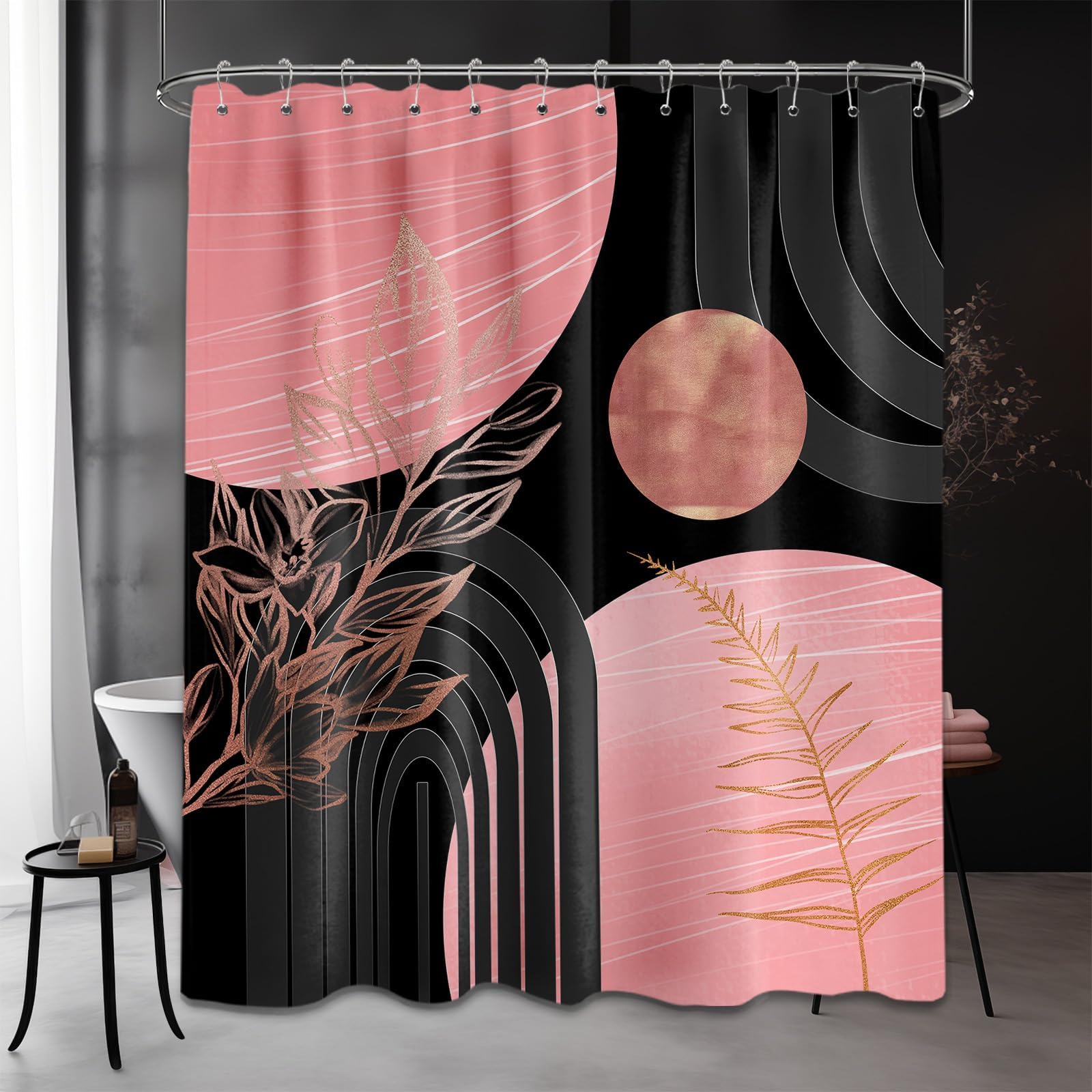 Mid Century Modern Black and Brown Shower Curtain Boho Beige and Dark Tan Gold Shower Curtains for Mens Bathroom Decor Sets, Waterproof Cloth Fabric with Hooks, 70x72in