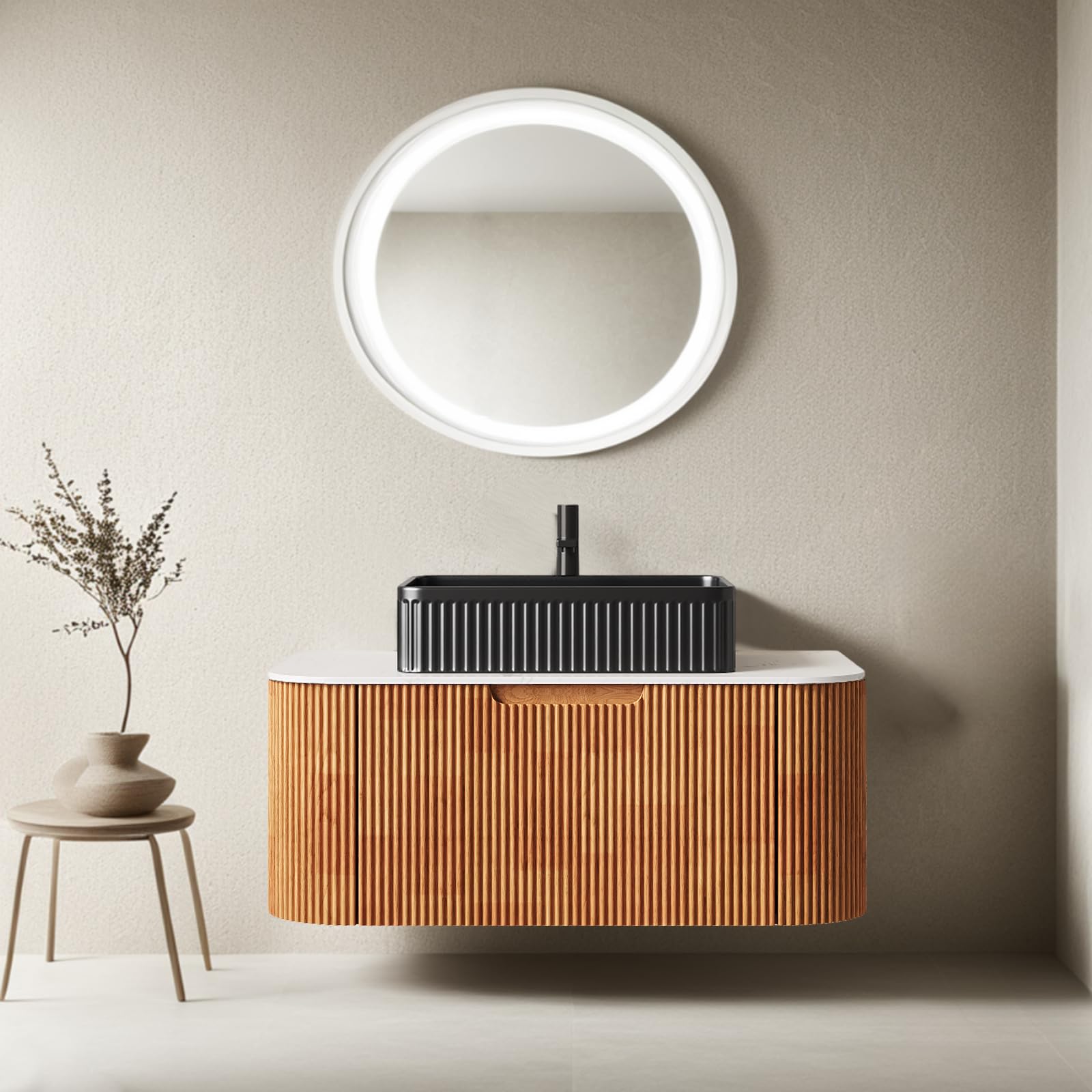 24-Inch Modern Bathroom Vanity with Sink, Floating Cabinet with Ultra-Thin Ceramic Basin and Marble Top, Extra Large Storage Drawer, Soft-Close Design, Nature Wood