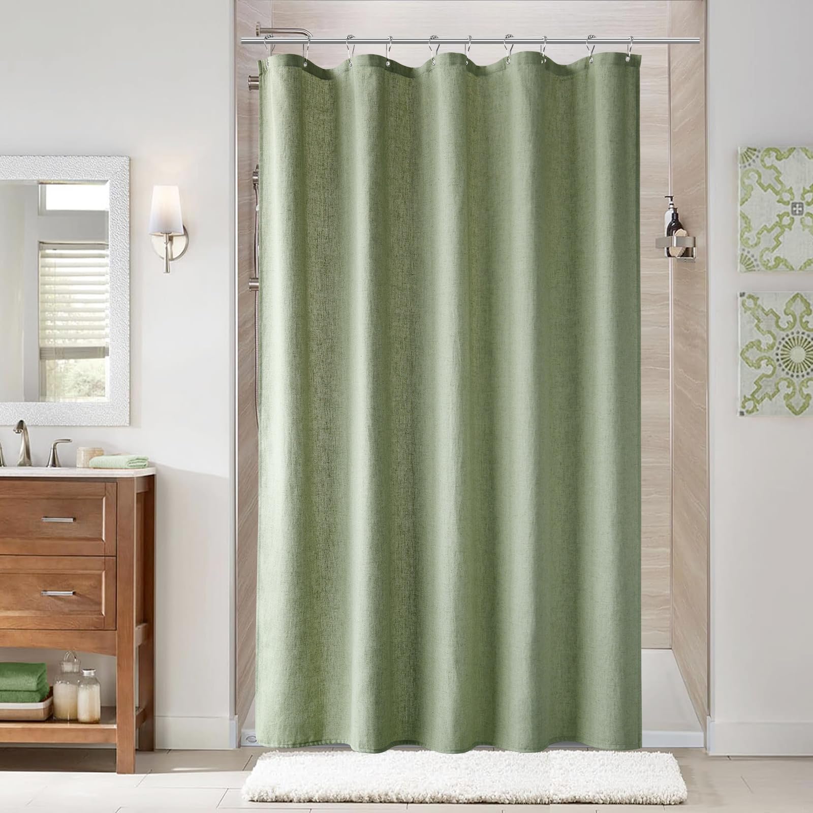 Naturoom Natural Linen Shower Curtain, Country Boho Farmhouse Bath Decor Beige Shower Curtains for Bathroom Neutral Cloth Weighted Textured Fabric Bath Curtain Liner with Hooks, Cream, 72 Inch