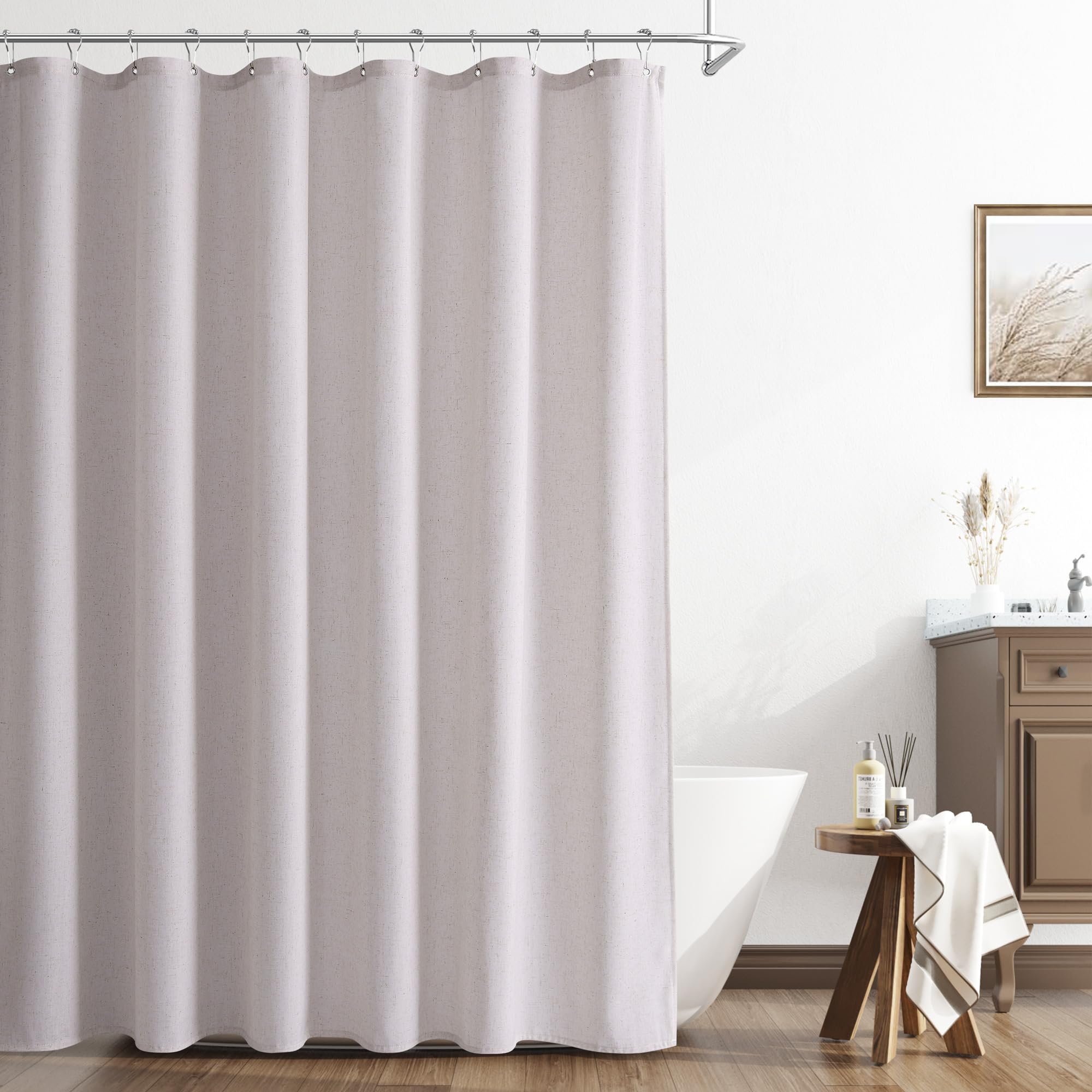 Naturoom Natural Linen Shower Curtain, Country Boho Farmhouse Bath Decor Beige Shower Curtains for Bathroom Neutral Cloth Weighted Textured Fabric Bath Curtain Liner with Hooks, Cream, 72 Inch