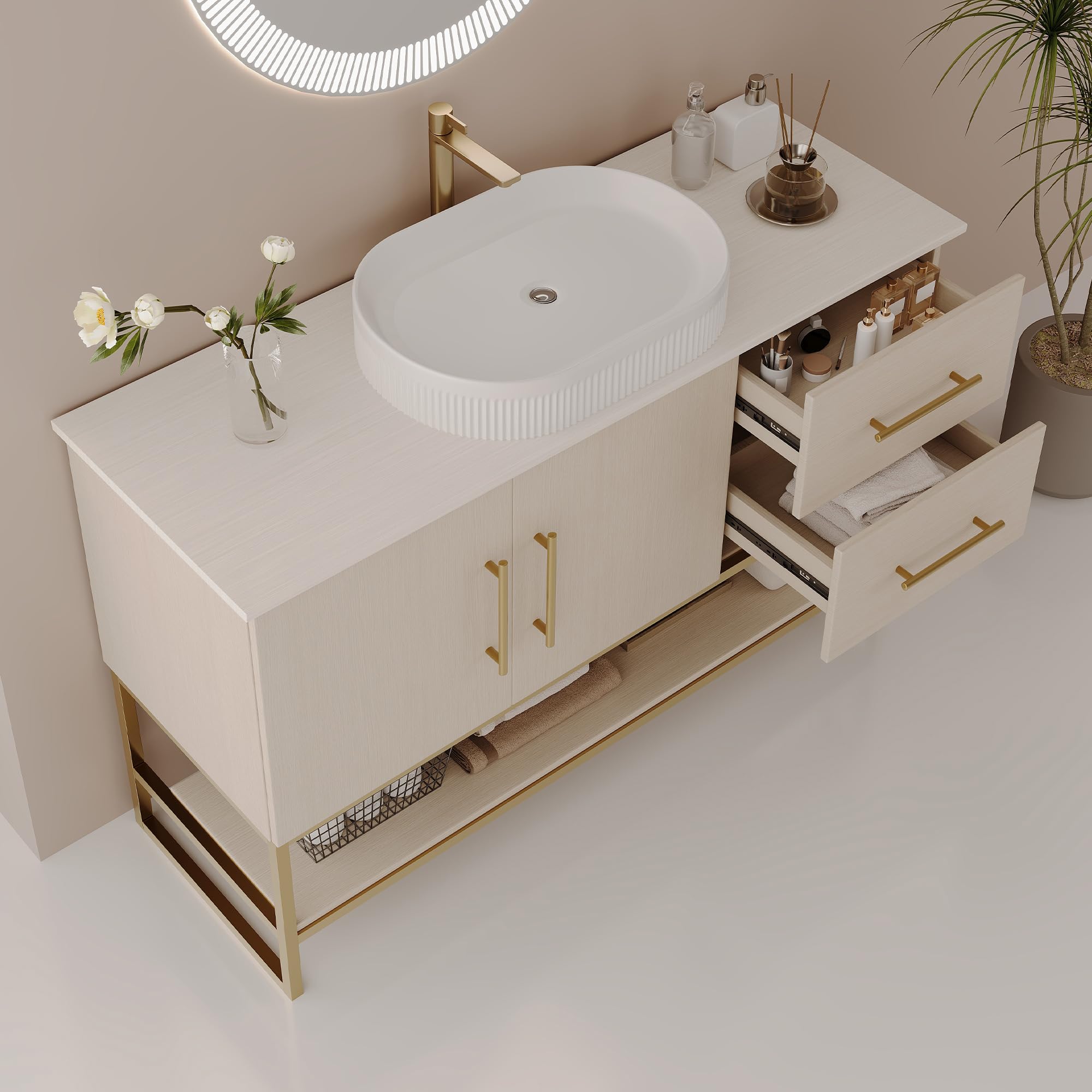 Glintee 36" Modern Bathroom Vanity with Ceramic Sink – Sintered Stone Top, 4 Soft-Close Drawers, Sturdy Solid Wood Cabinet, Wall-Mounted or Freestanding, Easy Assembly, Black & White