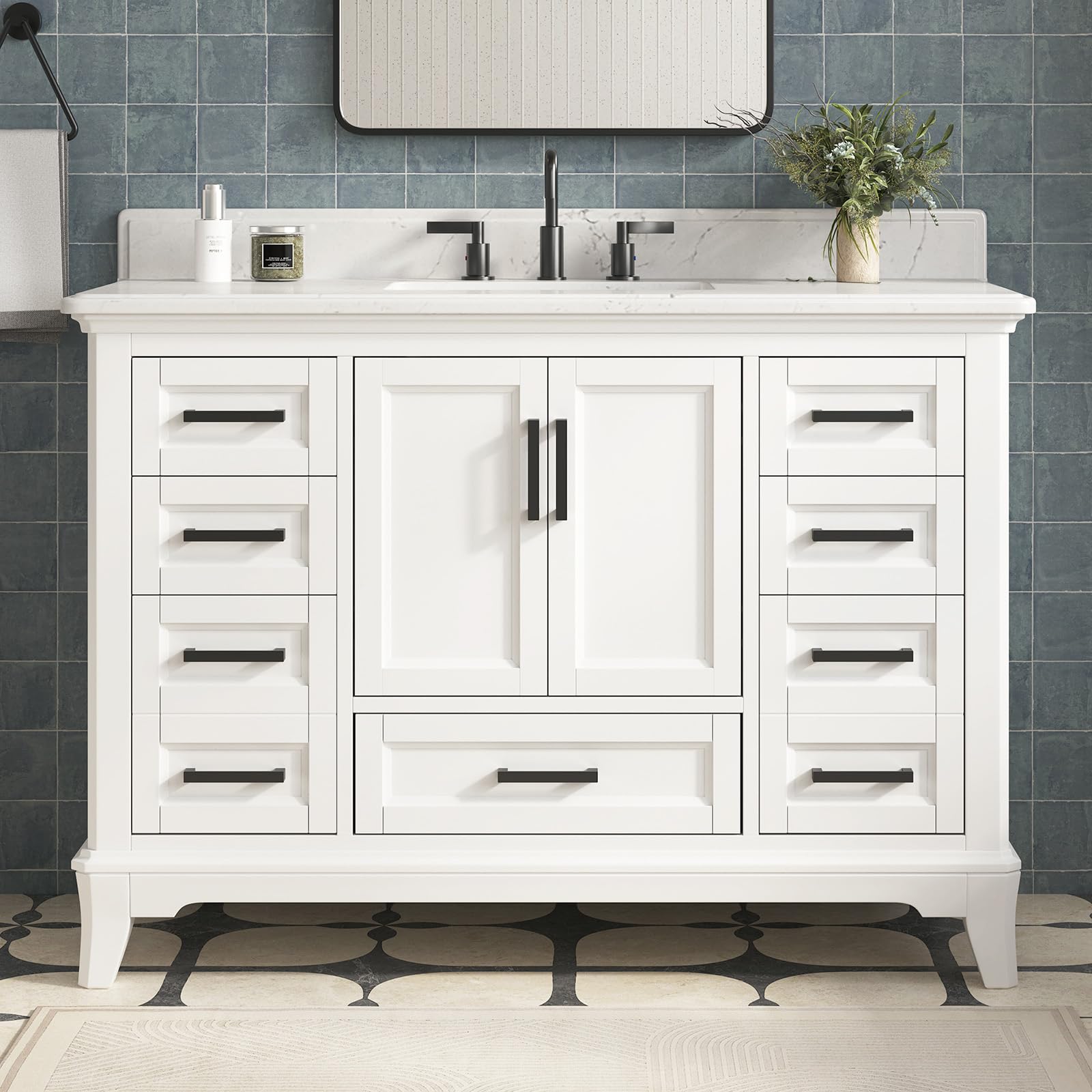 48 Inch Bathroom Vanity with Sink, Modern Steel Blue Bathroom Vanities with Soft Closing Doors & Dovetail Drawers, Quartz Countertop, No Assembly Required