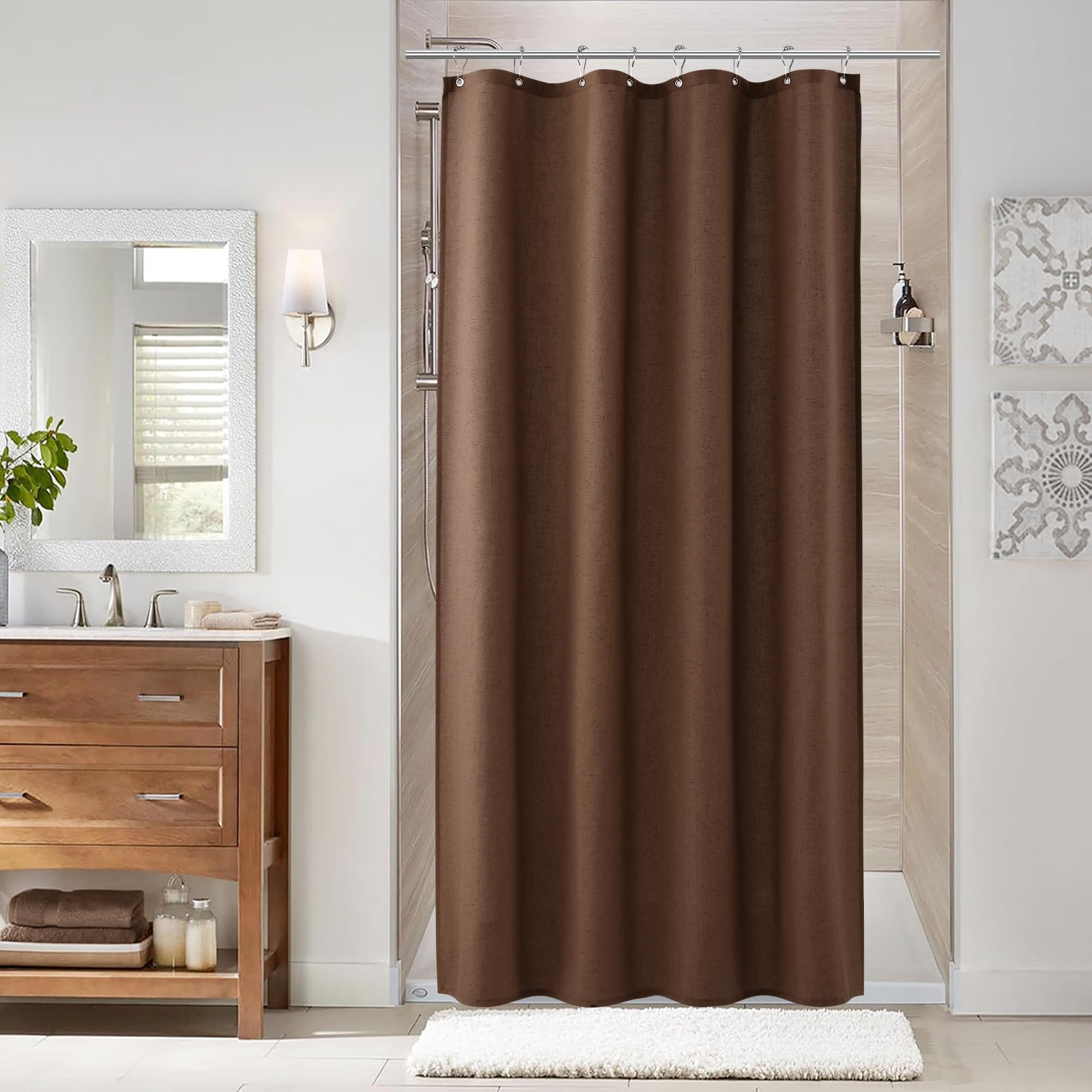 Naturoom Natural Linen Shower Curtain, Country Boho Farmhouse Bath Decor Beige Shower Curtains for Bathroom Neutral Cloth Weighted Textured Fabric Bath Curtain Liner with Hooks, Cream, 72 Inch