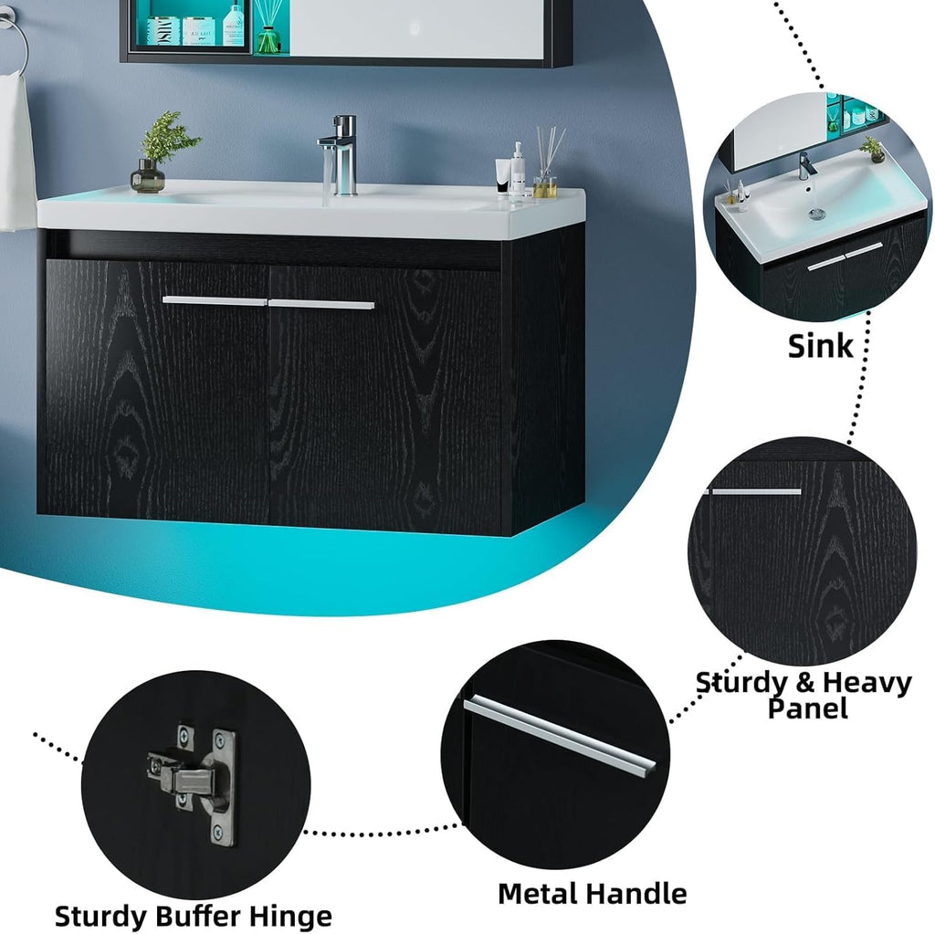 4ever2buy 31" Floating Bathroom Vanity with Sink, Modern Black Bathroom Vanity with LED Light, Wall Mounted Sink Cabinet with 2 Doors, Black