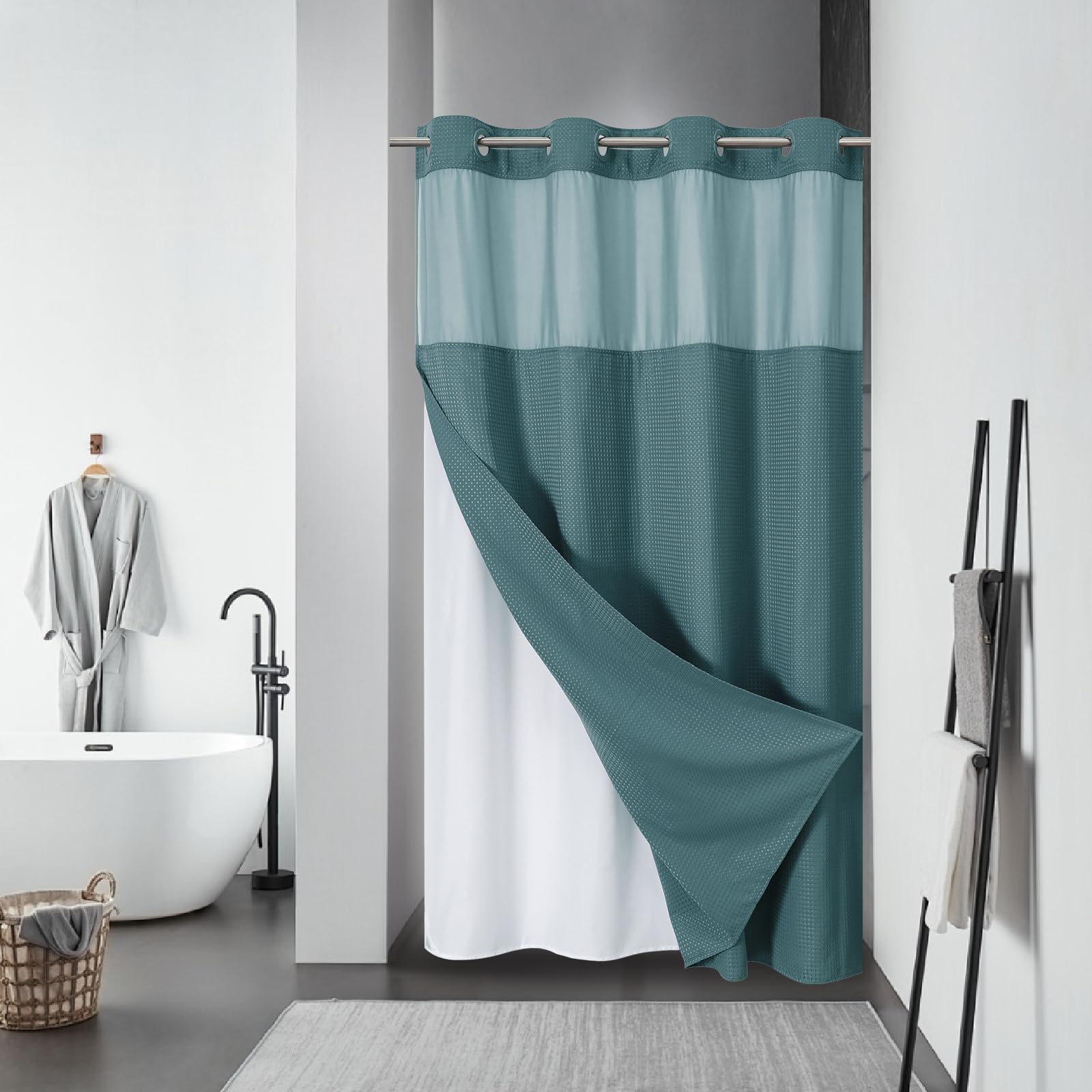 eachope BurntOrange Extra Long No Hook Waffle Weave Shower Curtain with snap-in Liner Replacement, 230GSM Waterproof Fabric Hotel Shower Curtain Set for Bathroom, Through Mesh Top Window,71Wx86H
