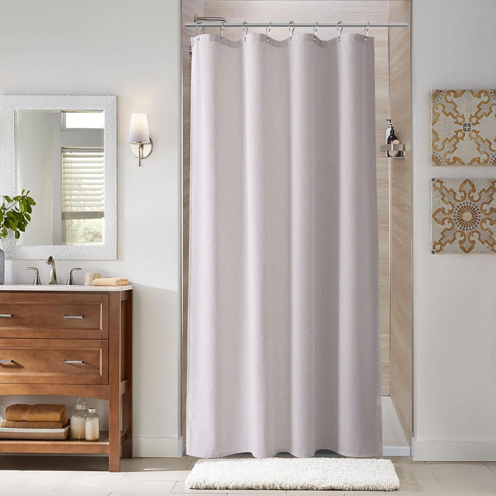Naturoom Natural Linen Shower Curtain, Country Boho Farmhouse Bath Decor Beige Shower Curtains for Bathroom Neutral Cloth Weighted Textured Fabric Bath Curtain Liner with Hooks, Cream, 72 Inch