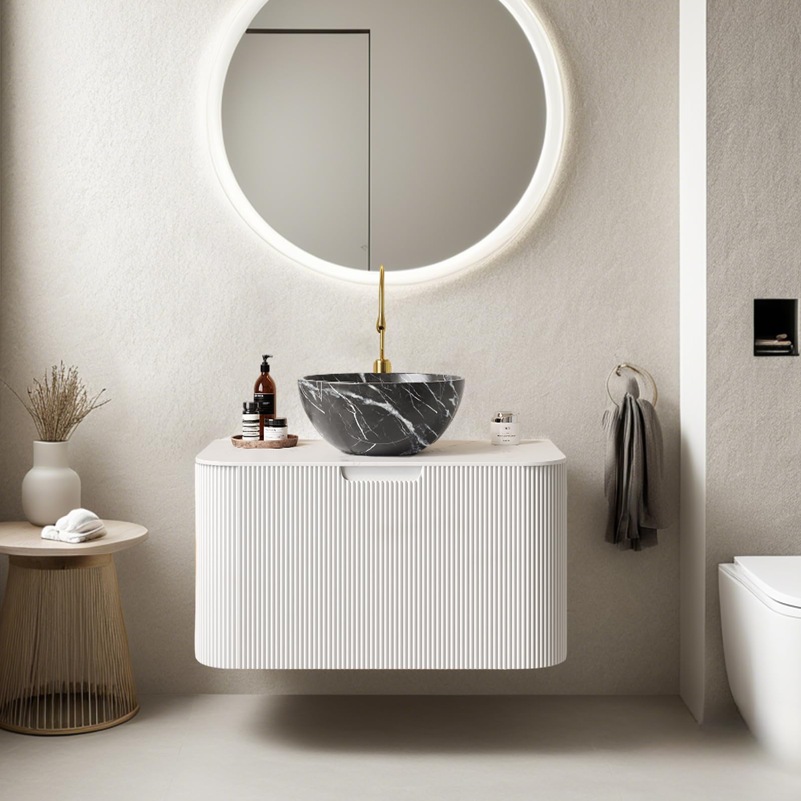 24-Inch Modern Bathroom Vanity with Sink, Floating Cabinet with Ultra-Thin Ceramic Basin and Marble Top, Extra Large Storage Drawer, Soft-Close Design, Nature Wood